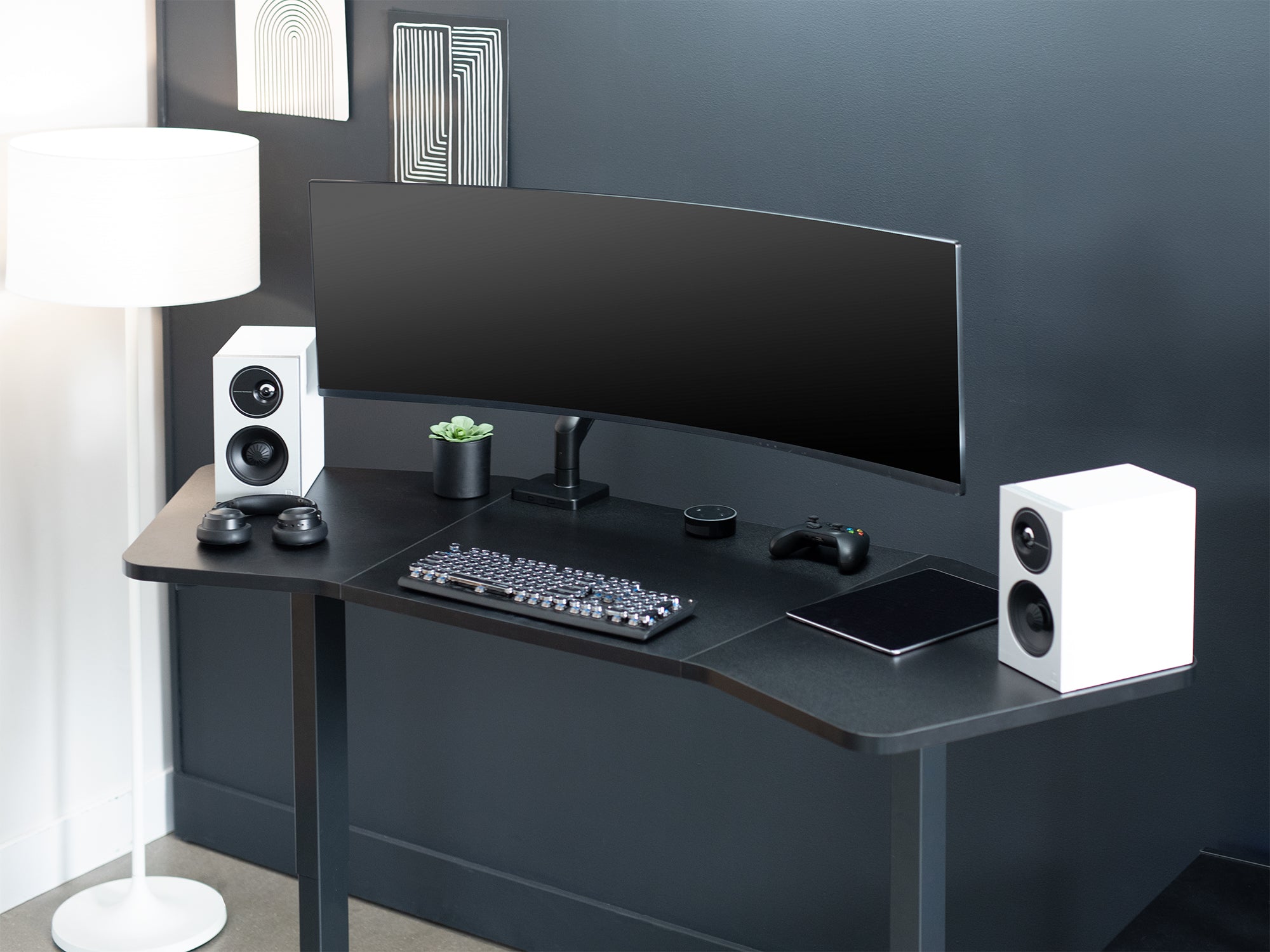 Black electric desk with ultrawide monitor mount in home office
