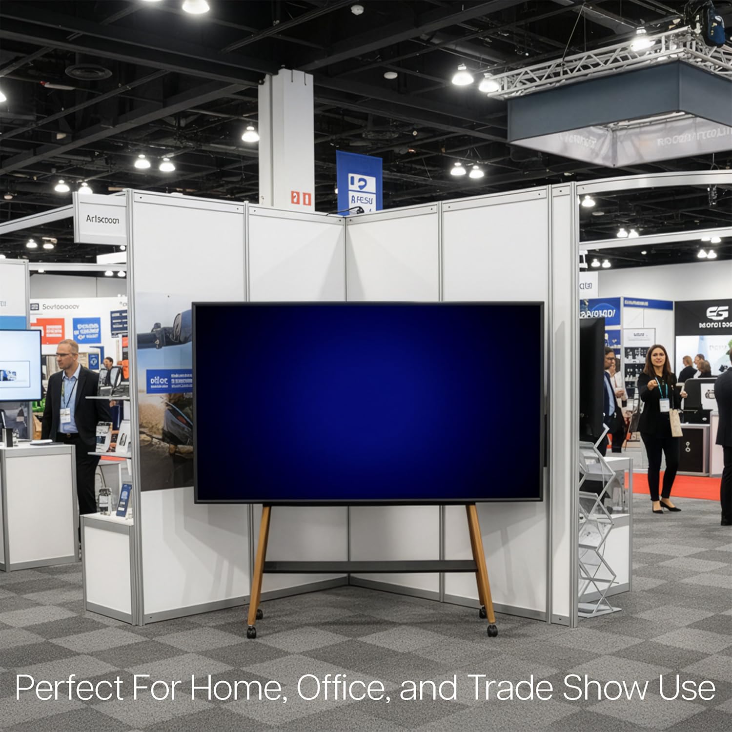 Large screen display on a TV stand at a trade show with people around, text saying 'Perfect for Home, Office, and Trade Show Use'
