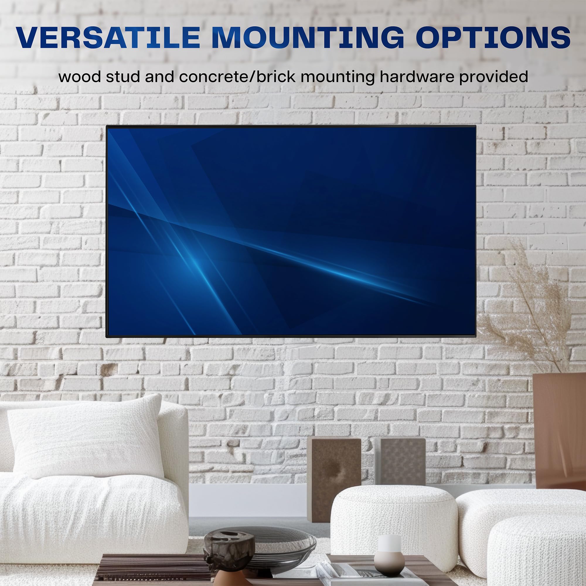 TV mounted on a white brick wall with text about mounting options.
