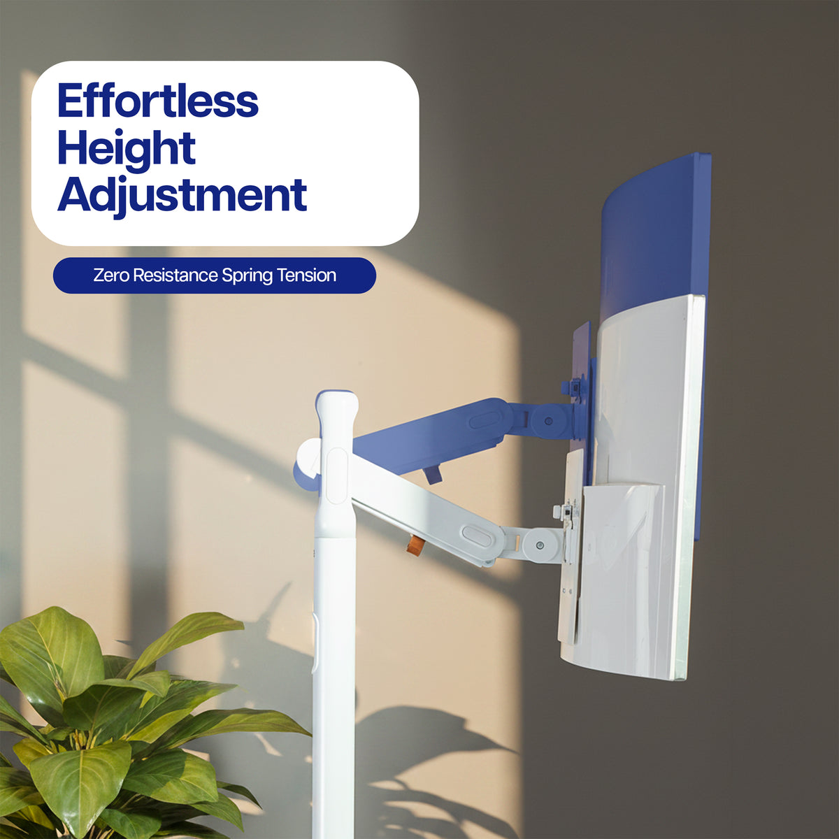 Adjustable monitor stand with a white pole and blue-and-white arm, shown in a styled interior setting with text overlay reading 'Effortless Height Adjustment' and 'Zero Resistance Spring Tension.'.