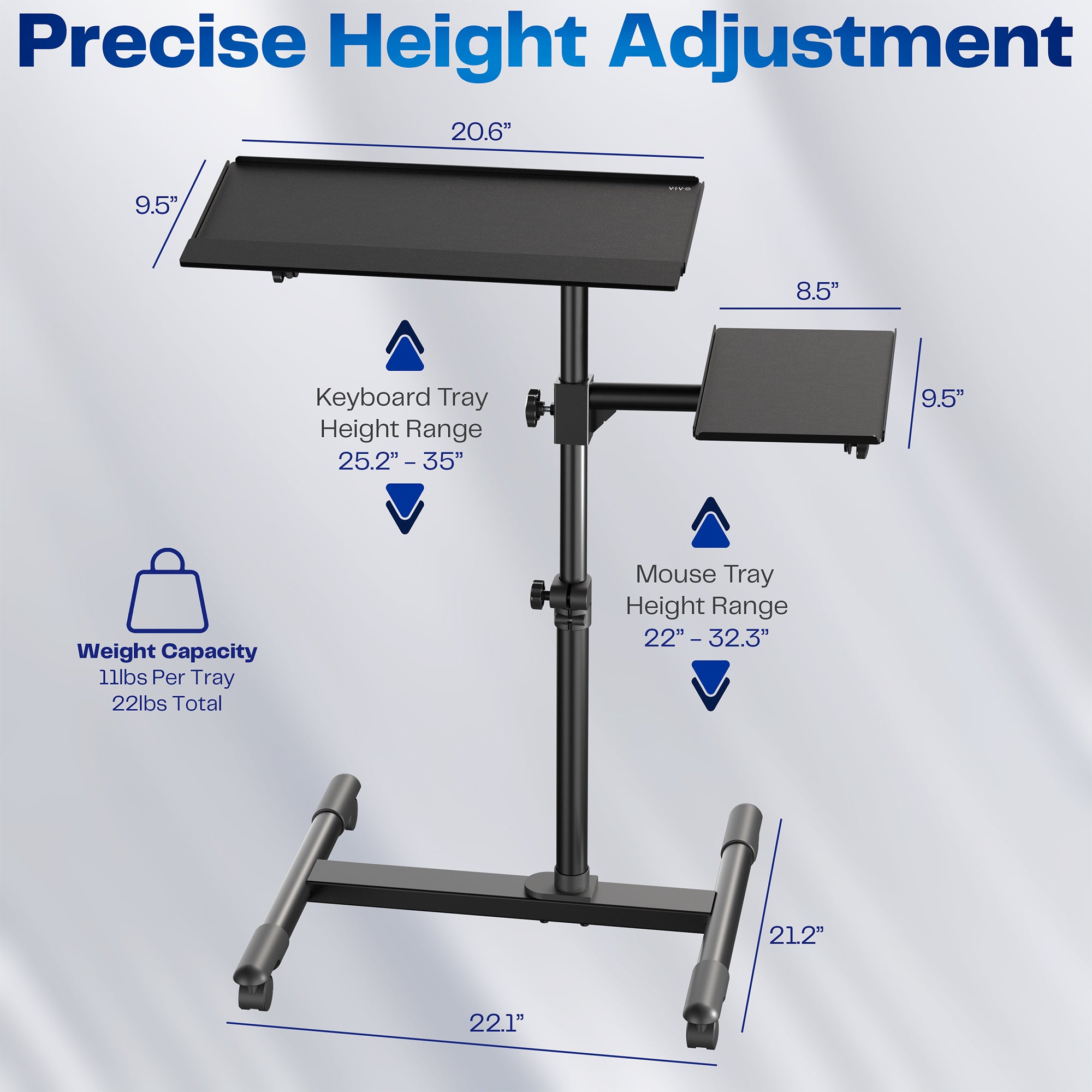 Adjustable workstation with height adjustment details on a white background