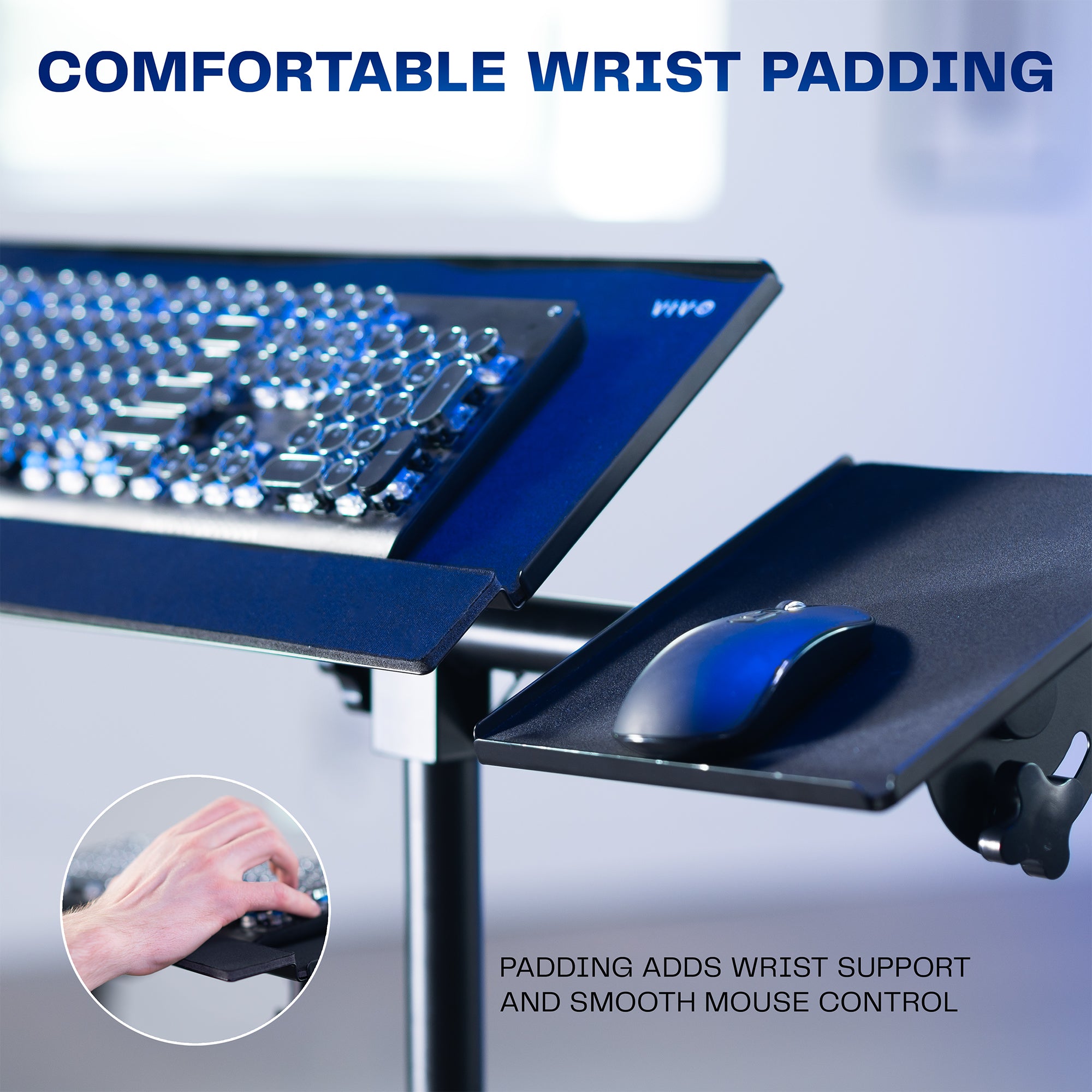 Ergonomic keyboard tray setup on a blurred background.