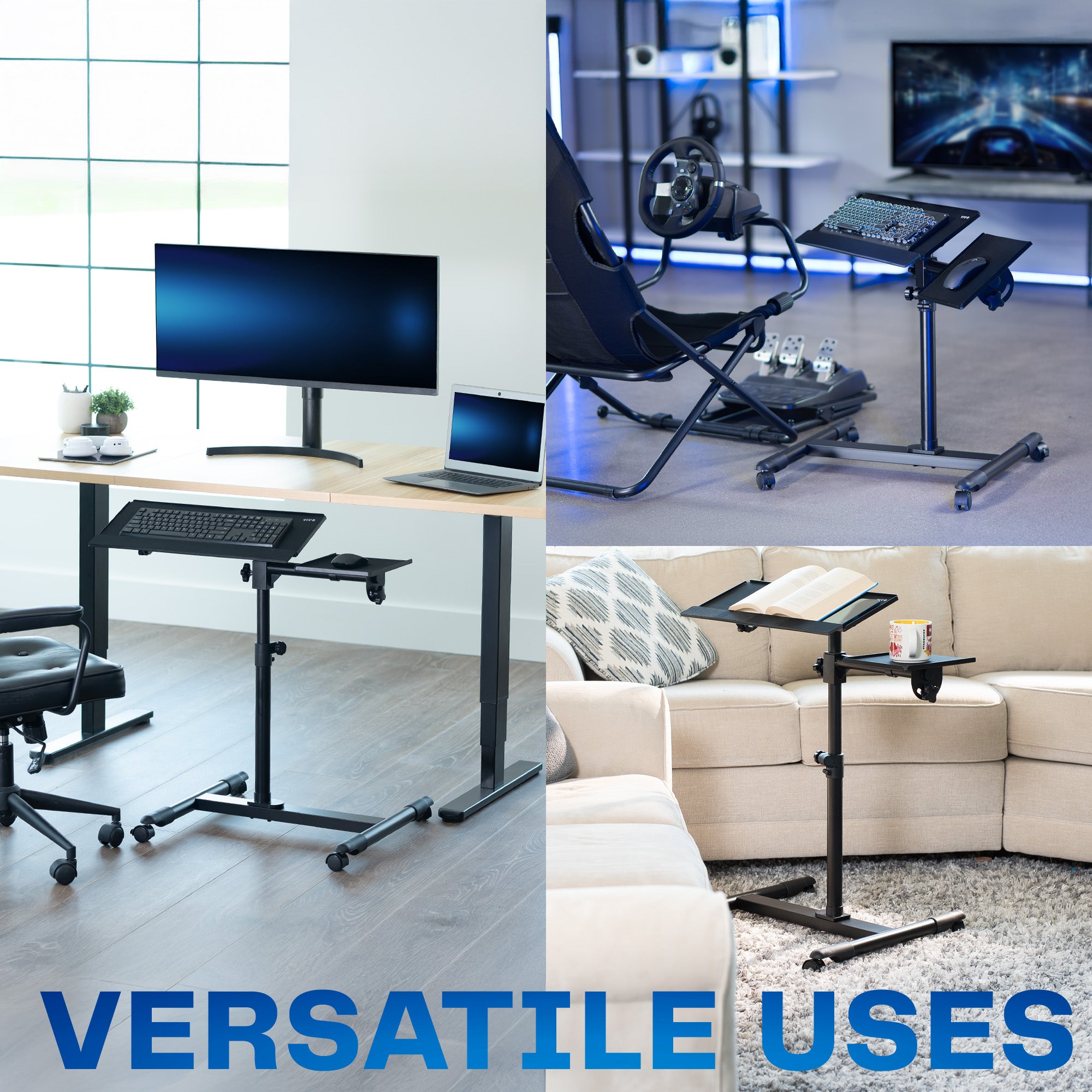 Collage of a standing desk, gaming setup, and sofa with a laptop stand, emphasizing versatility.