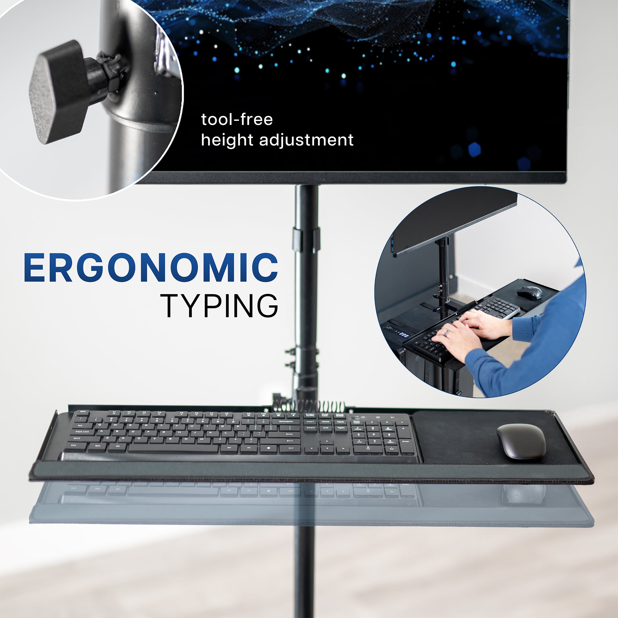 Mobile workstation cart with monitor mount, keyboard tray, PC holder, and locking wheels. Featuring 360 rotation and height adjustment.