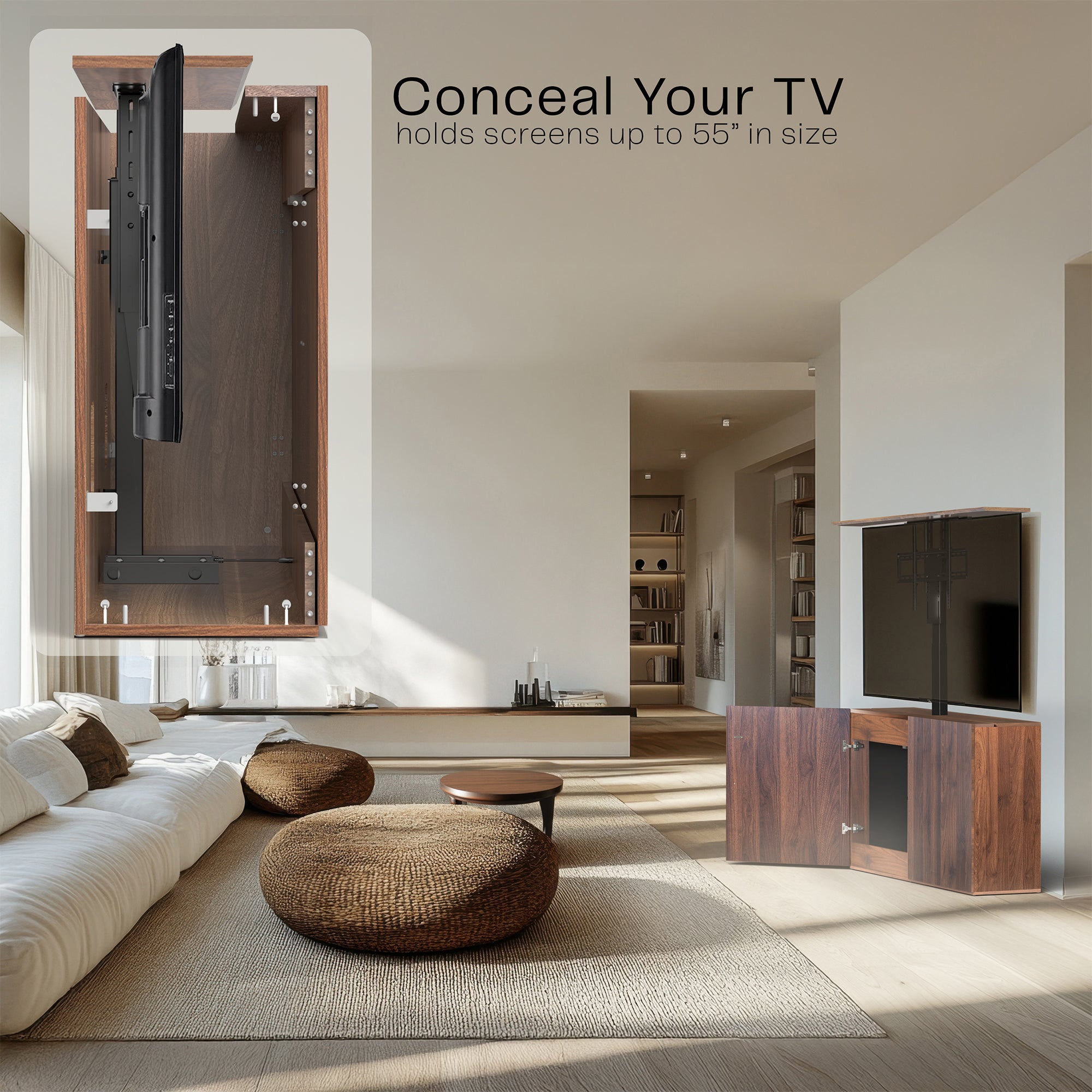 Wooden TV cabinet with a black flat-screen TV on a white background