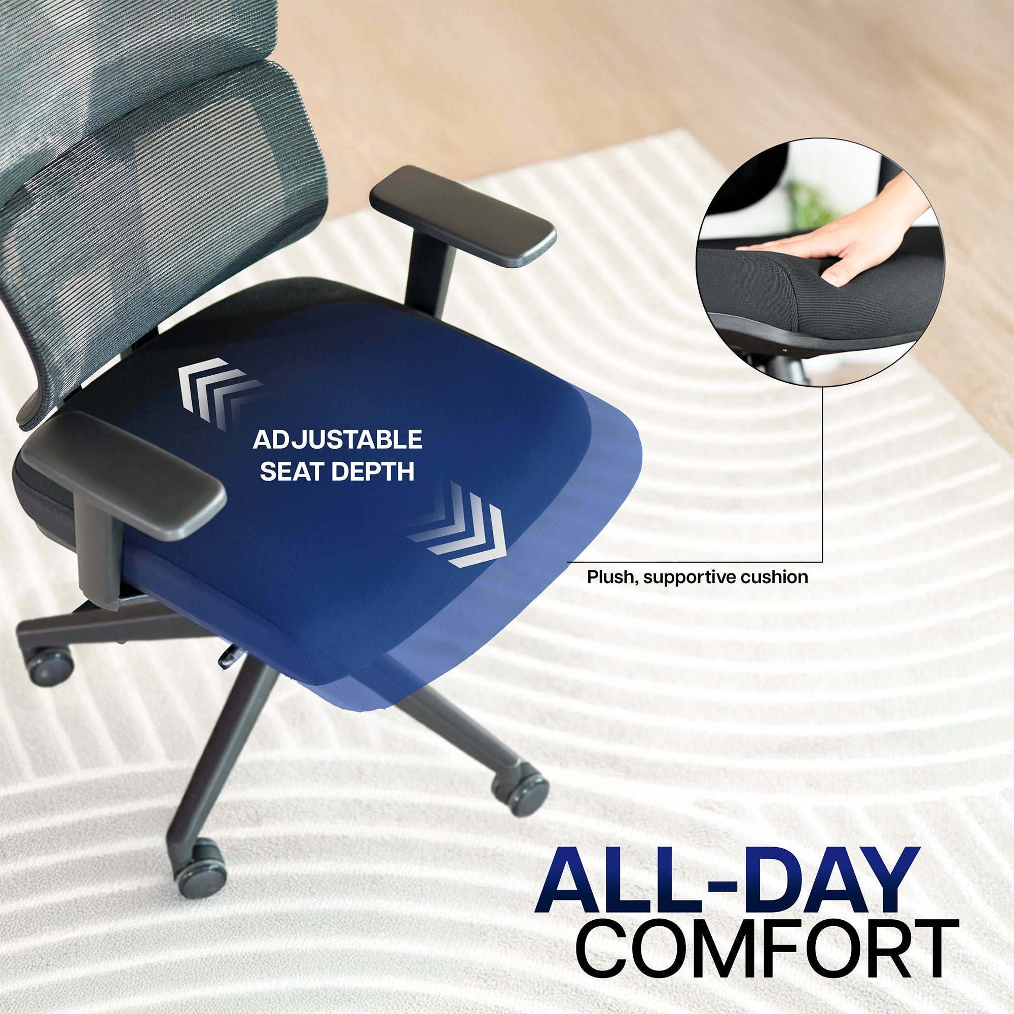 Ergonomic chair with adjustable seat depth cushion.