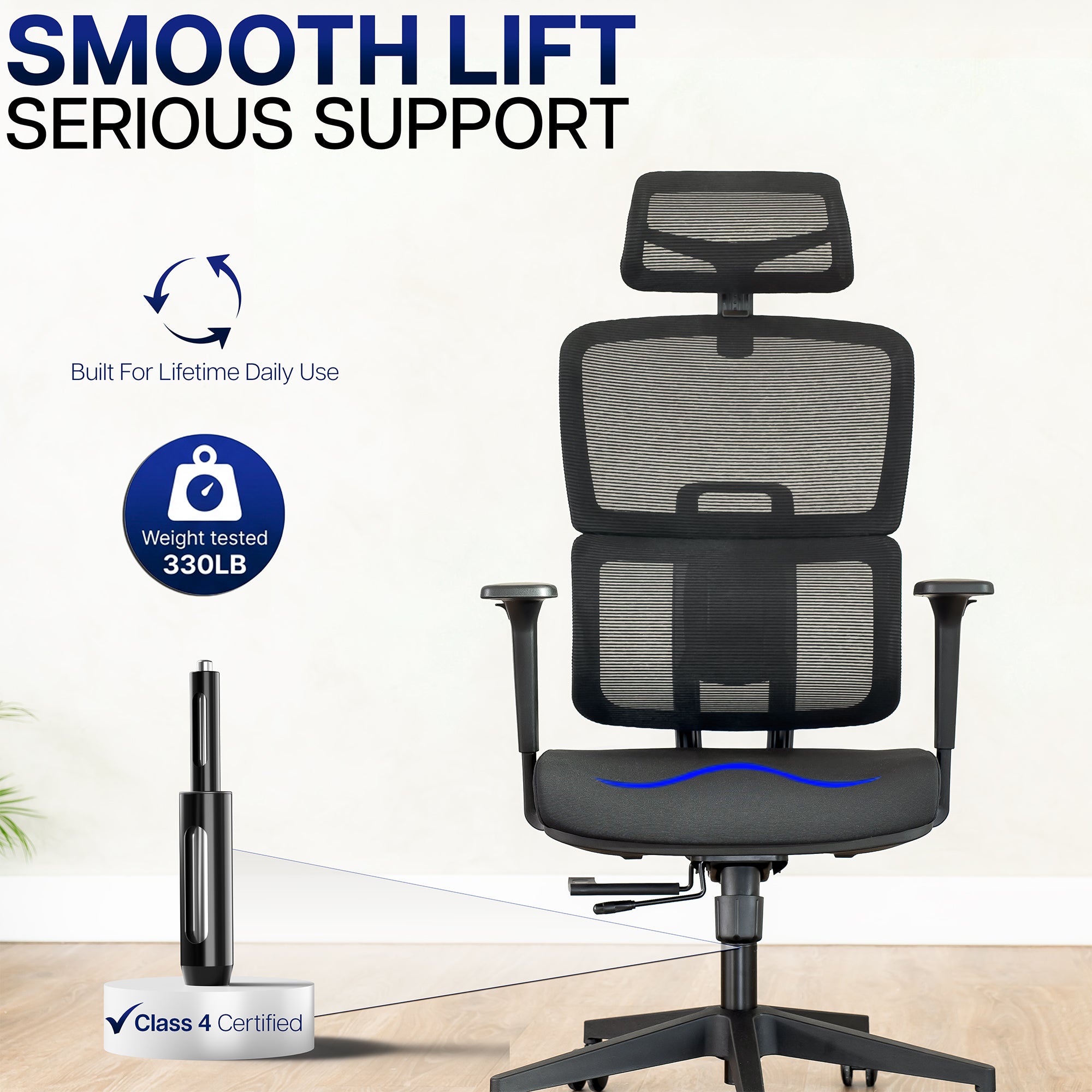 Ergonomic Office Chair on a light background, featuring 'Smooth Lift' and 'Serious Support' text.
