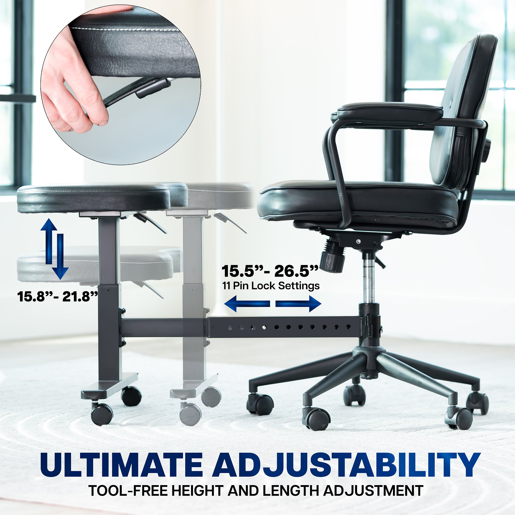 Office chair with footrest height and length adjustment features on a blurred office space background