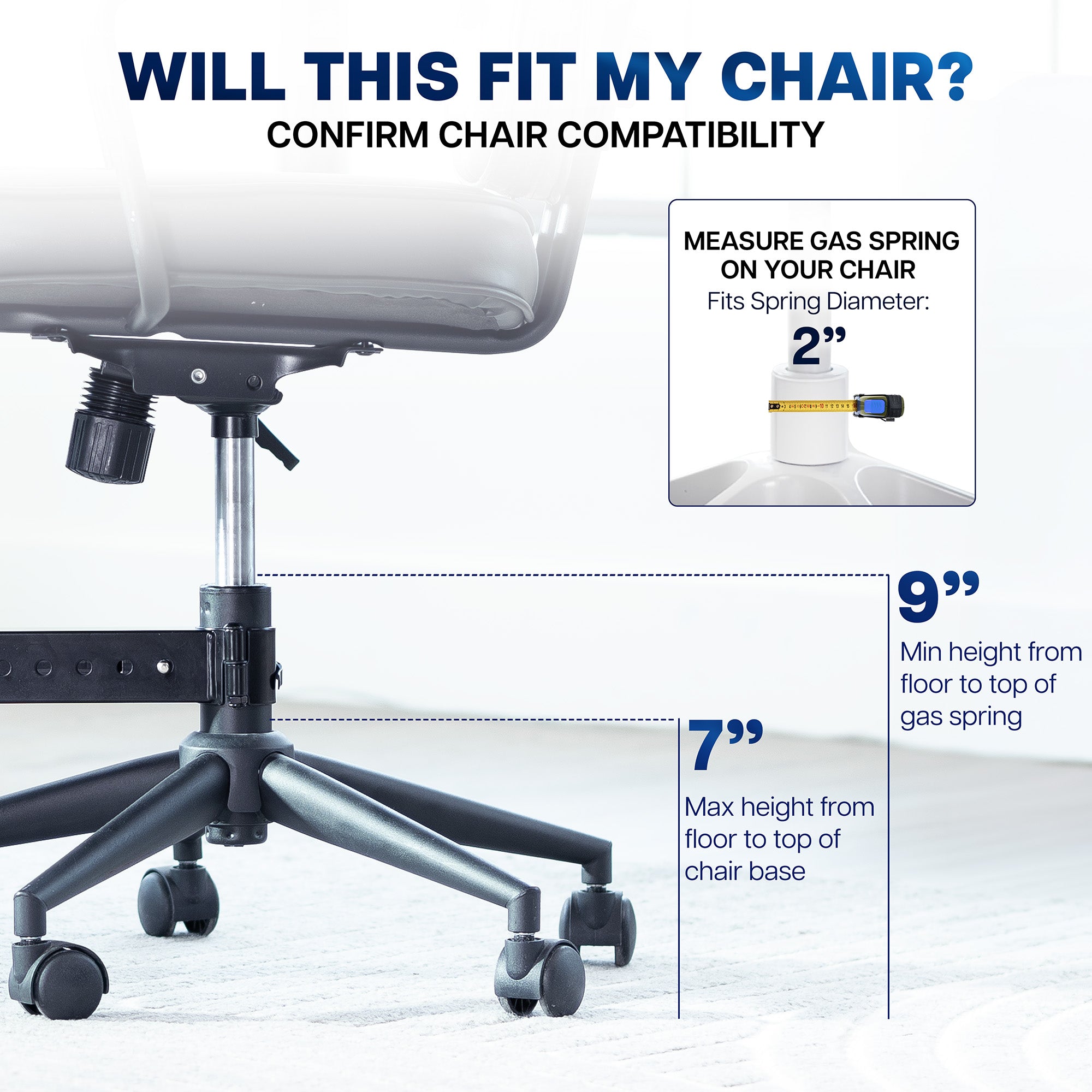 Instructions for confirming chair compatibility with a gas spring mechanism, showing measurements and a chair.