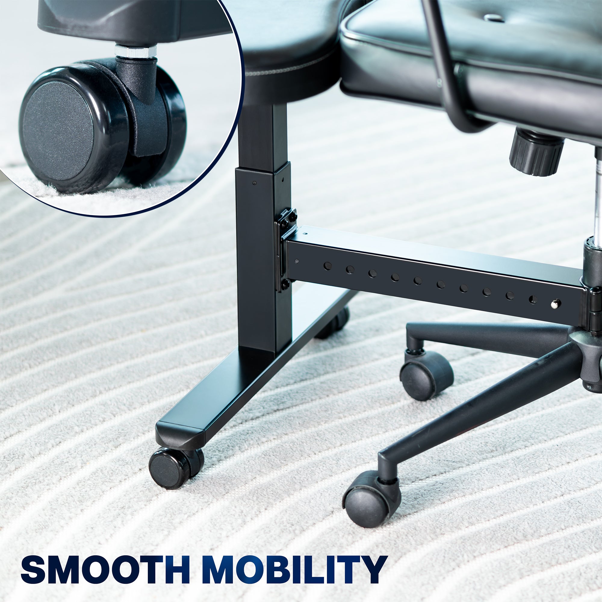 Close-up of wheels on a textured surface with 'Smooth Mobility' text.