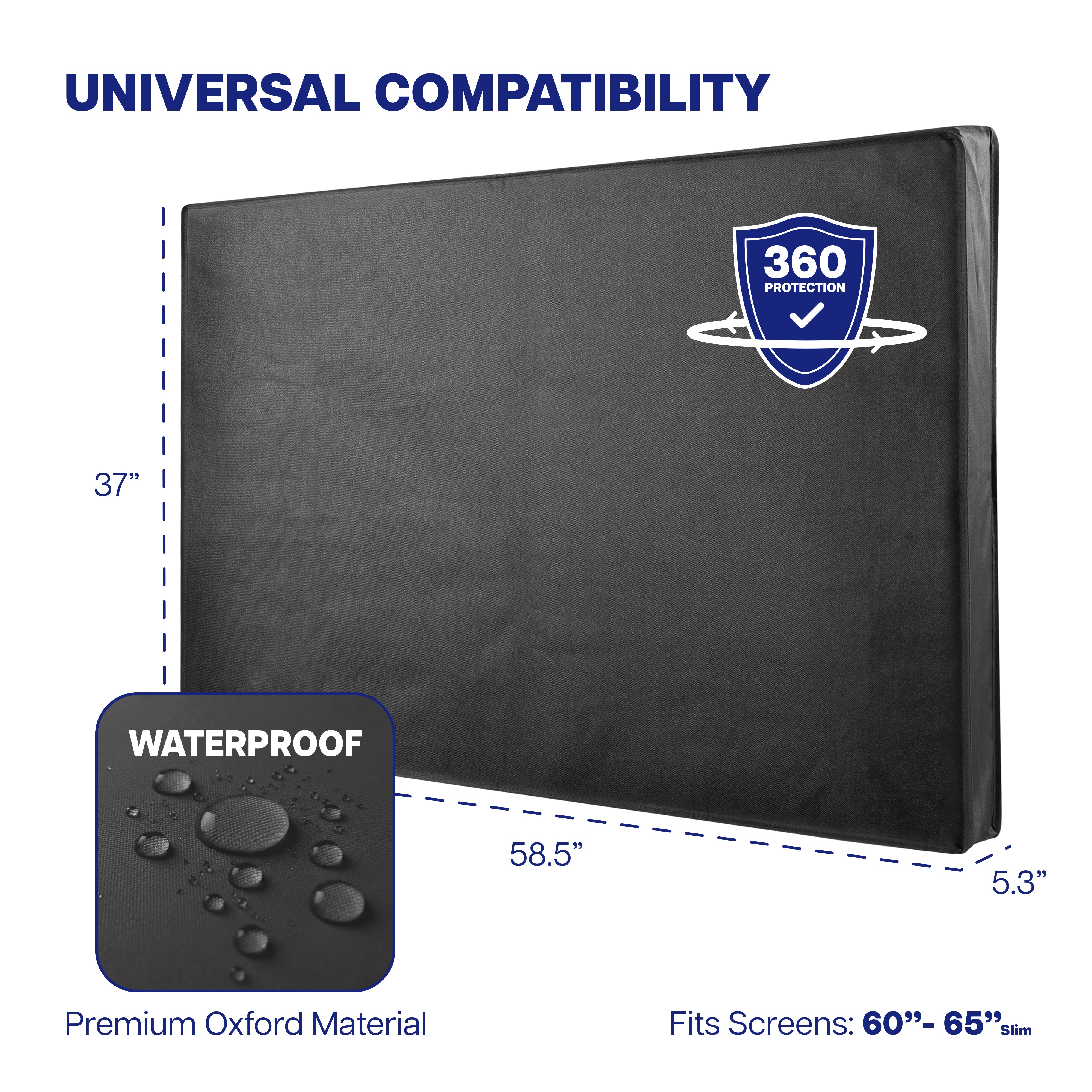 Black TV screen protector with 360 Protection logo, dimensions, and waterproof feature on a white background