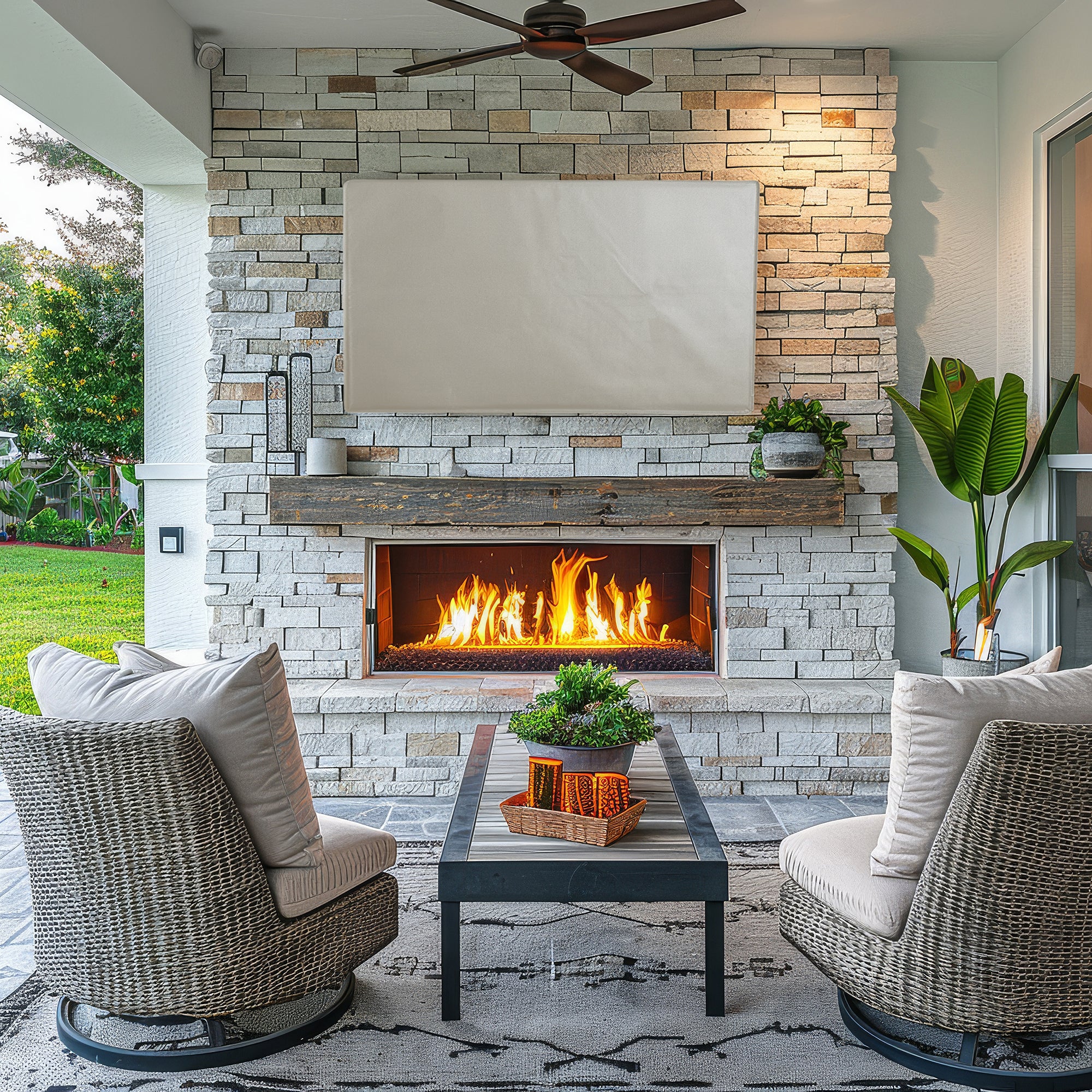 Protective flat screen TV cover in an outdoor patio setting.