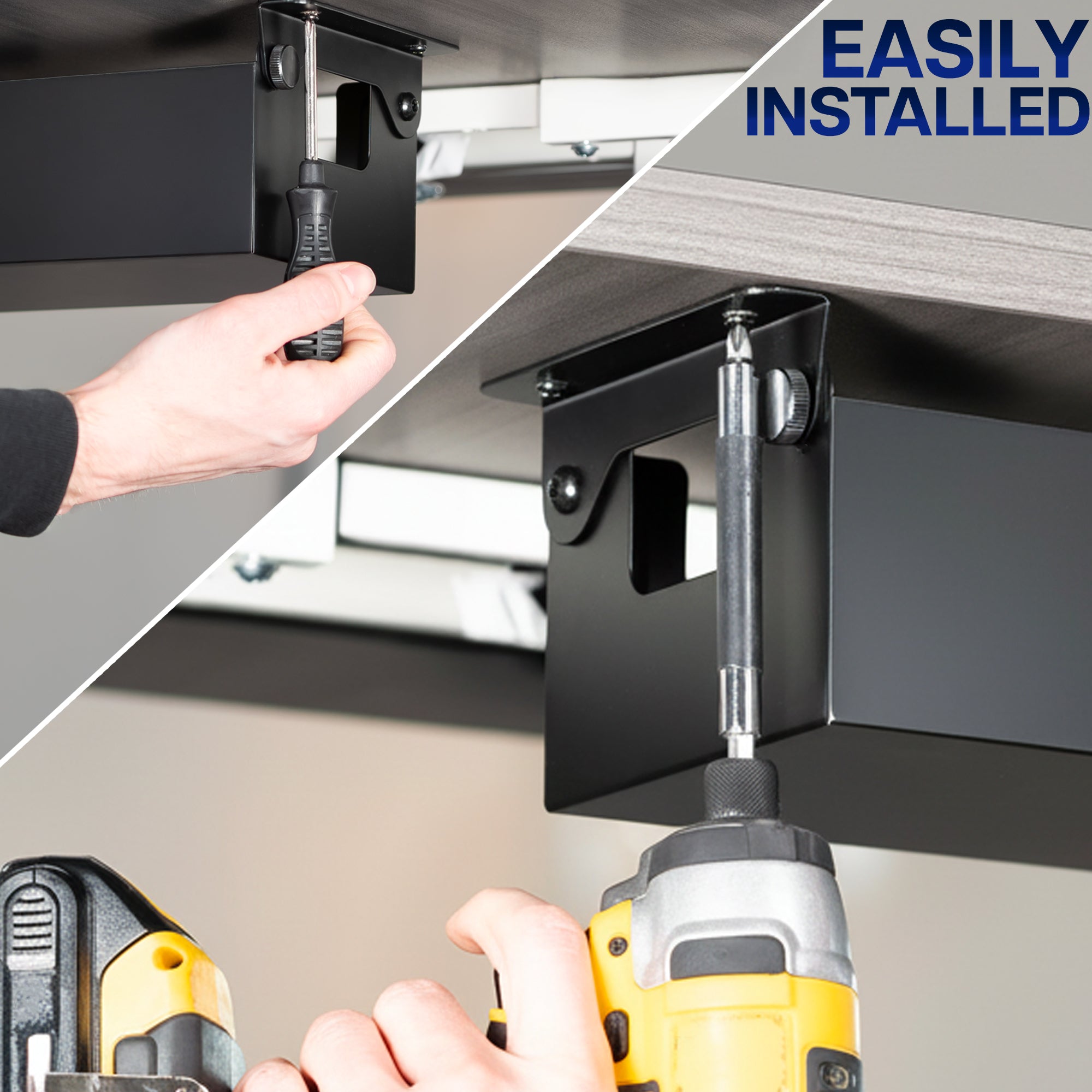 Split image showing a hand installing the bracket of a cable management box using a screwdriver or drill, with 'EASILY INSTALLED' text.