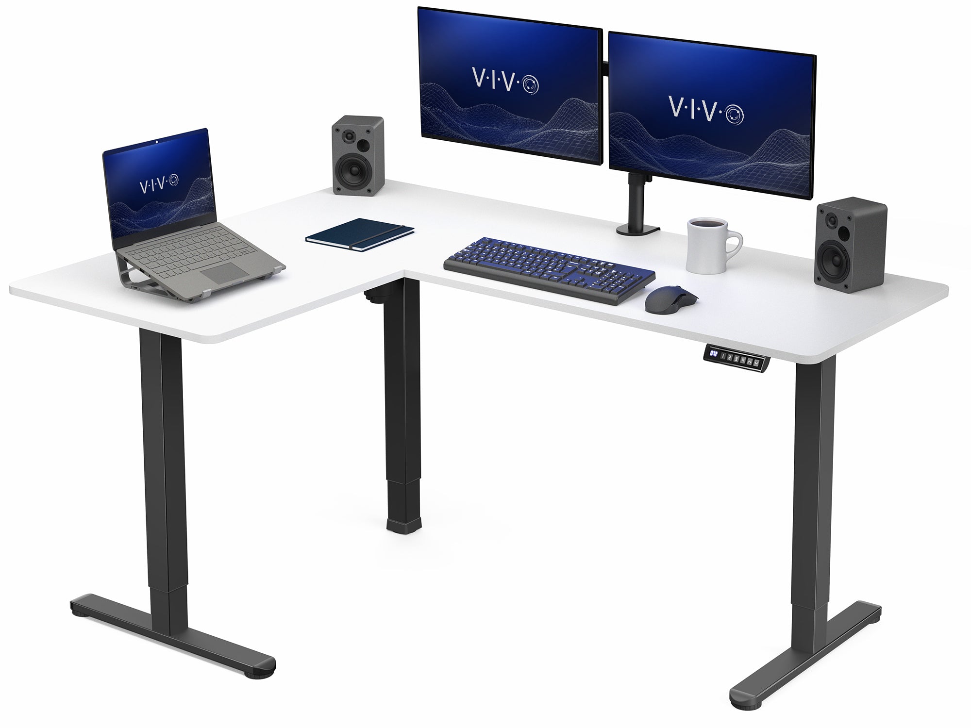 White L-shaped desk with black legs, featuring a laptop, two monitors, keyboard, mouse, and speakers on a white background.