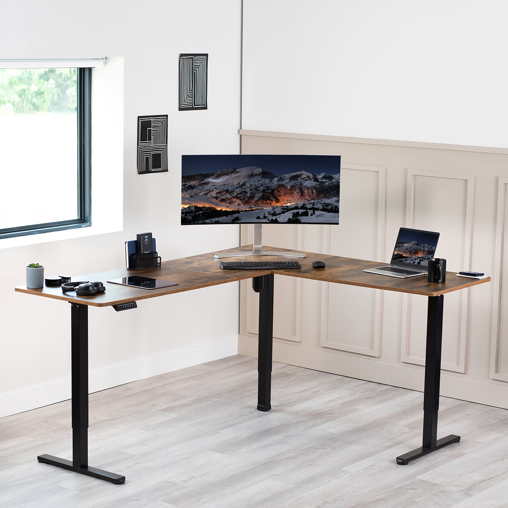 Electric heavy-duty, rustic corner desk workstation for modern office workspaces.