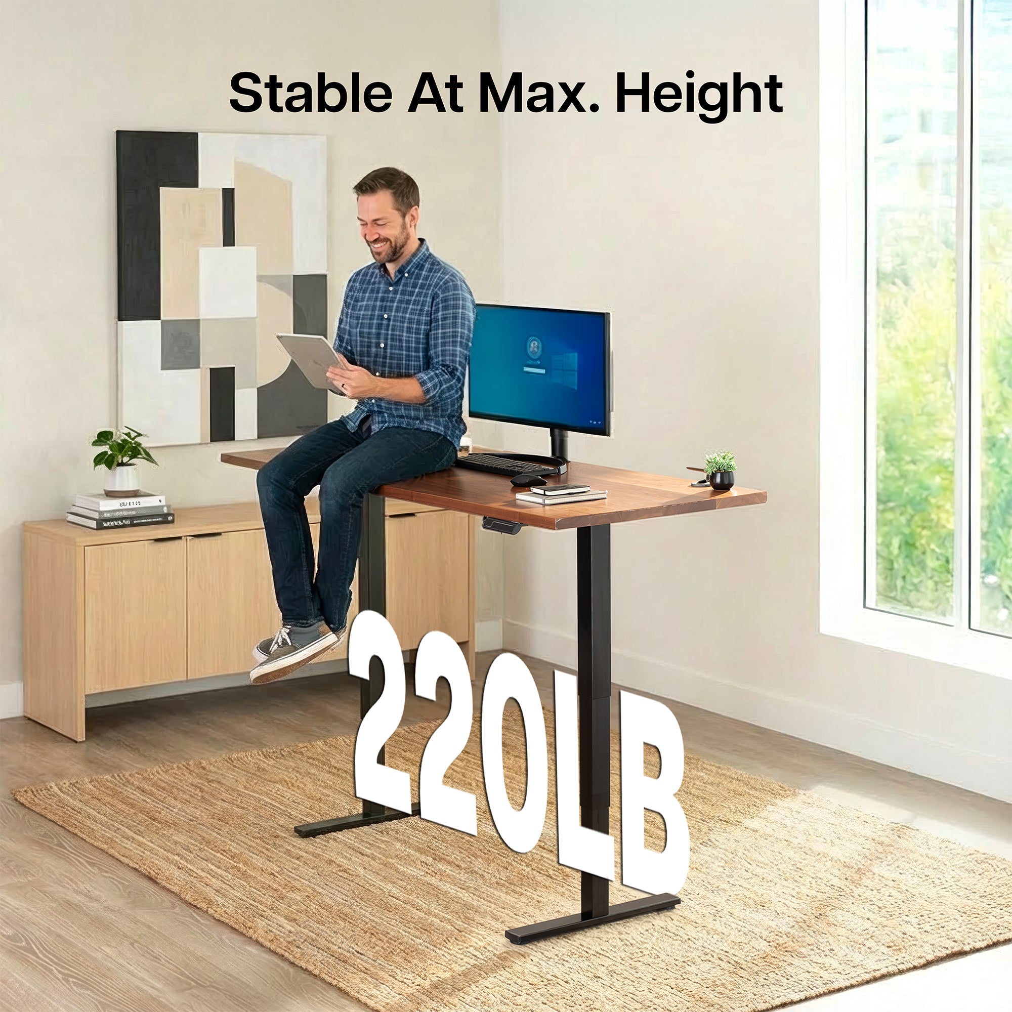 Electric height adjustable dual motor desk frame with programmable memory controller.
