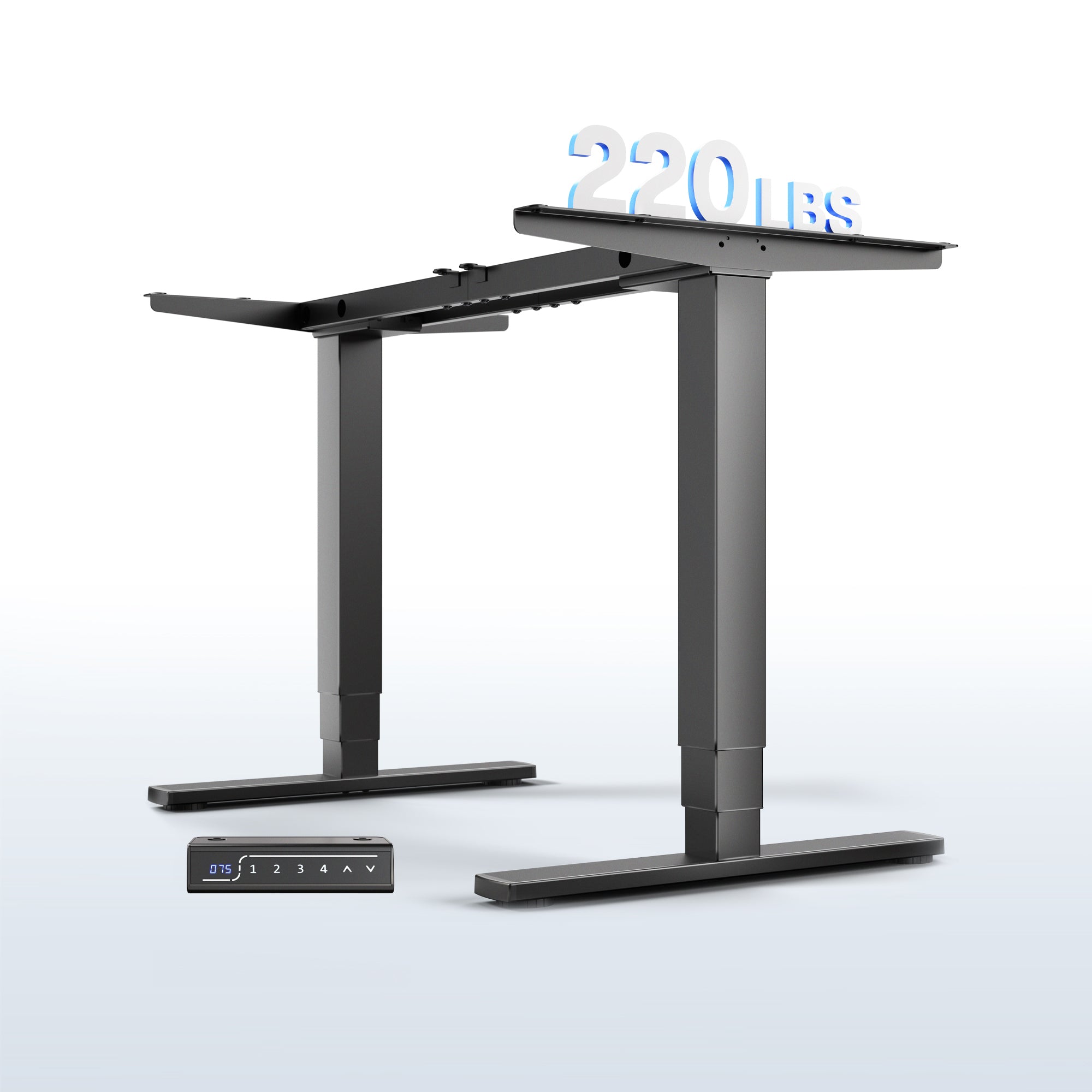 Electric height adjustable dual motor desk frame with programmable memory controller.