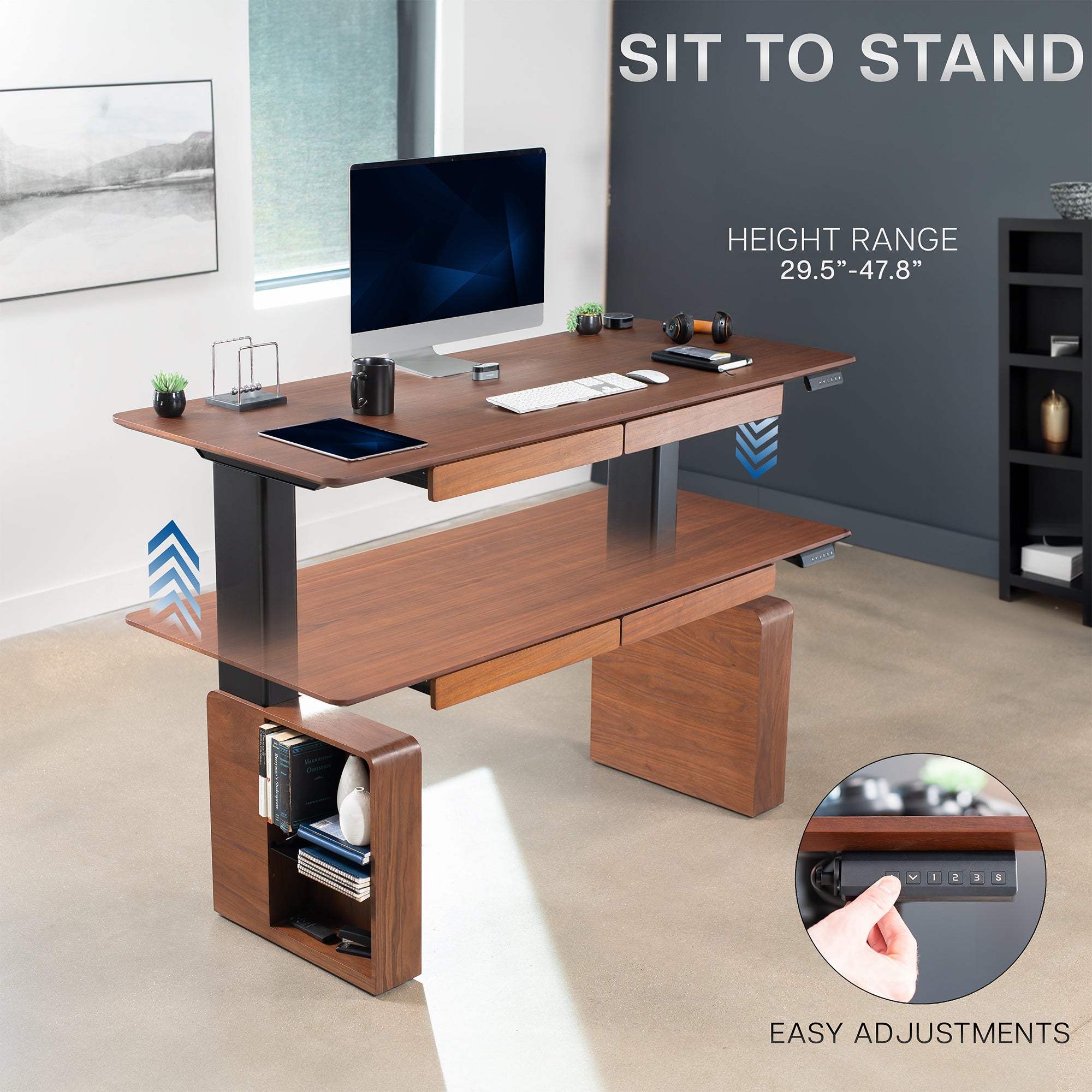 Spacious sit to stand walnut executive desk with two pull-out drawers, adjustable shelving on the reversible legs, and a built-in power strip for convenient connectivity.