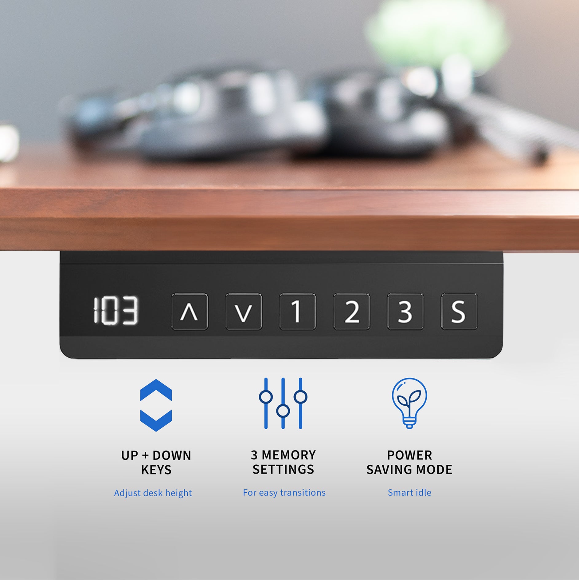 Spacious sit to stand walnut executive desk with two pull-out drawers, adjustable shelving on the reversible legs, and a built-in power strip for convenient connectivity.