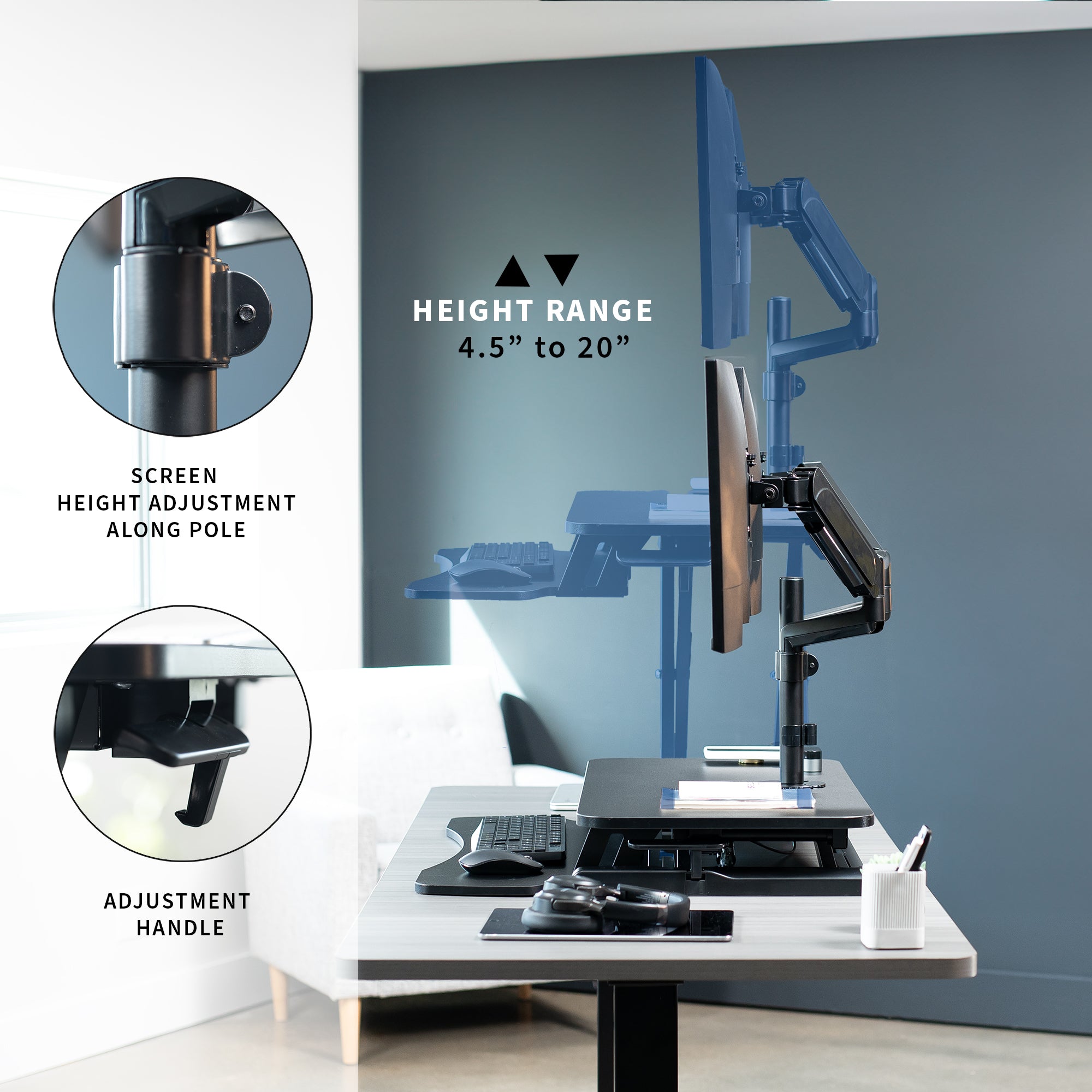 Height adjustable desk riser with articulating mechanical dual monitor mount.