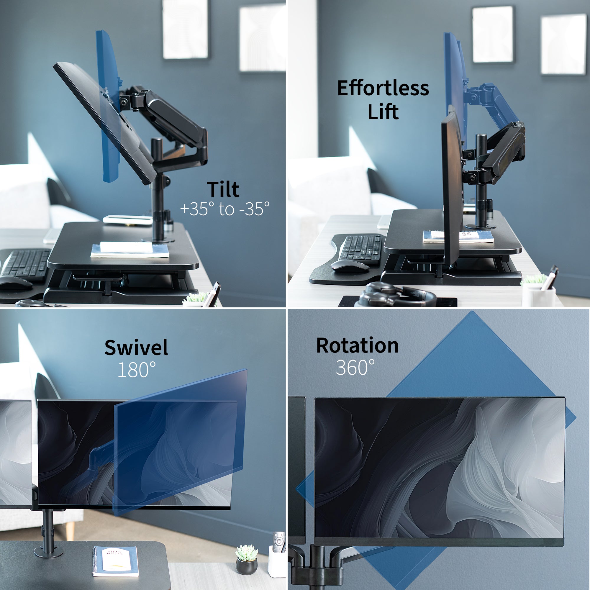 Height adjustable desk riser with articulating mechanical dual monitor mount.