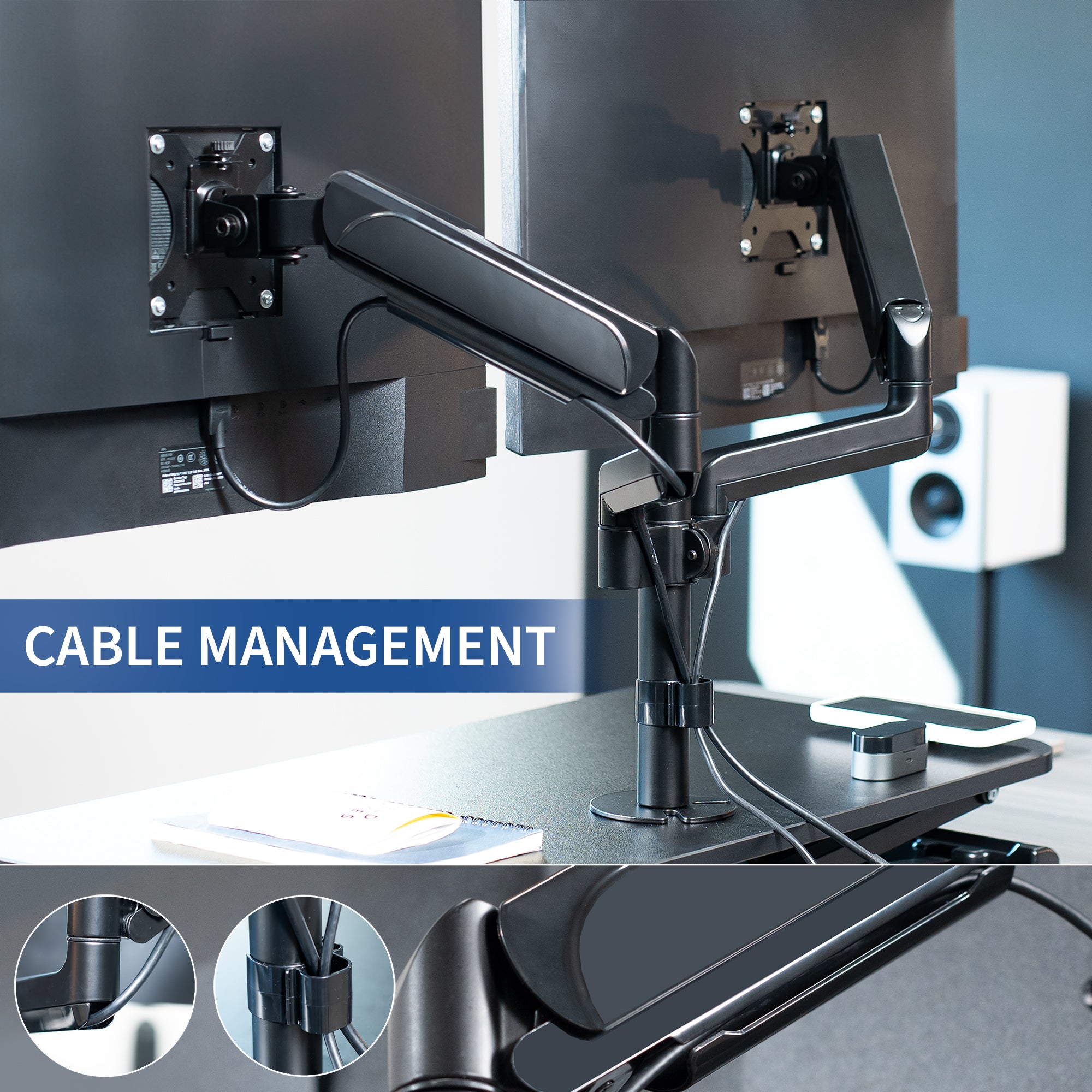 Height adjustable desk riser with articulating mechanical dual monitor mount.