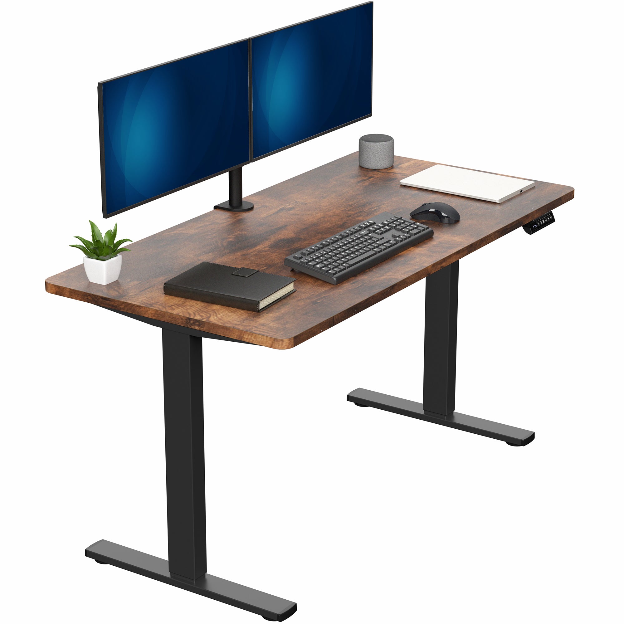 Sturdy ergonomic sit or stand active desk workstation with adjustable height using smart control panel.