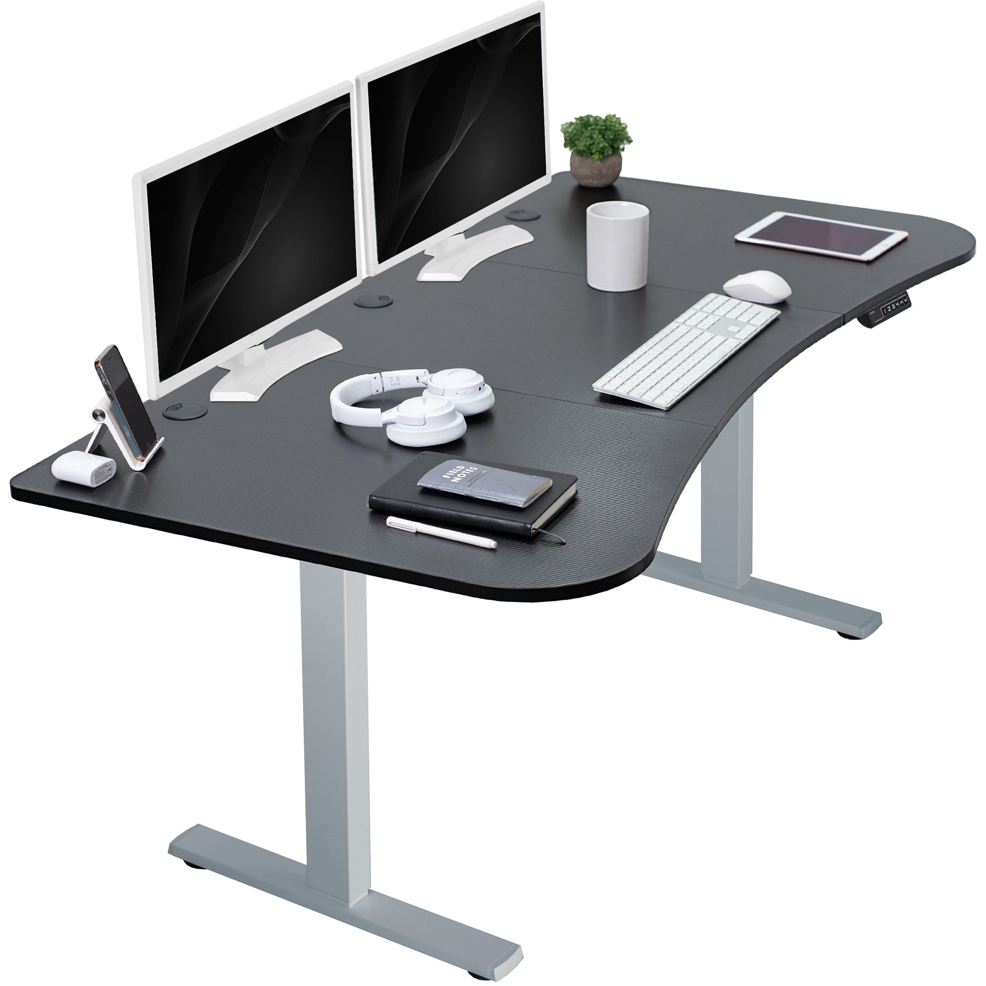 Carbon Fiber top grey frame, electric, sit to stand, height adjustable desk.