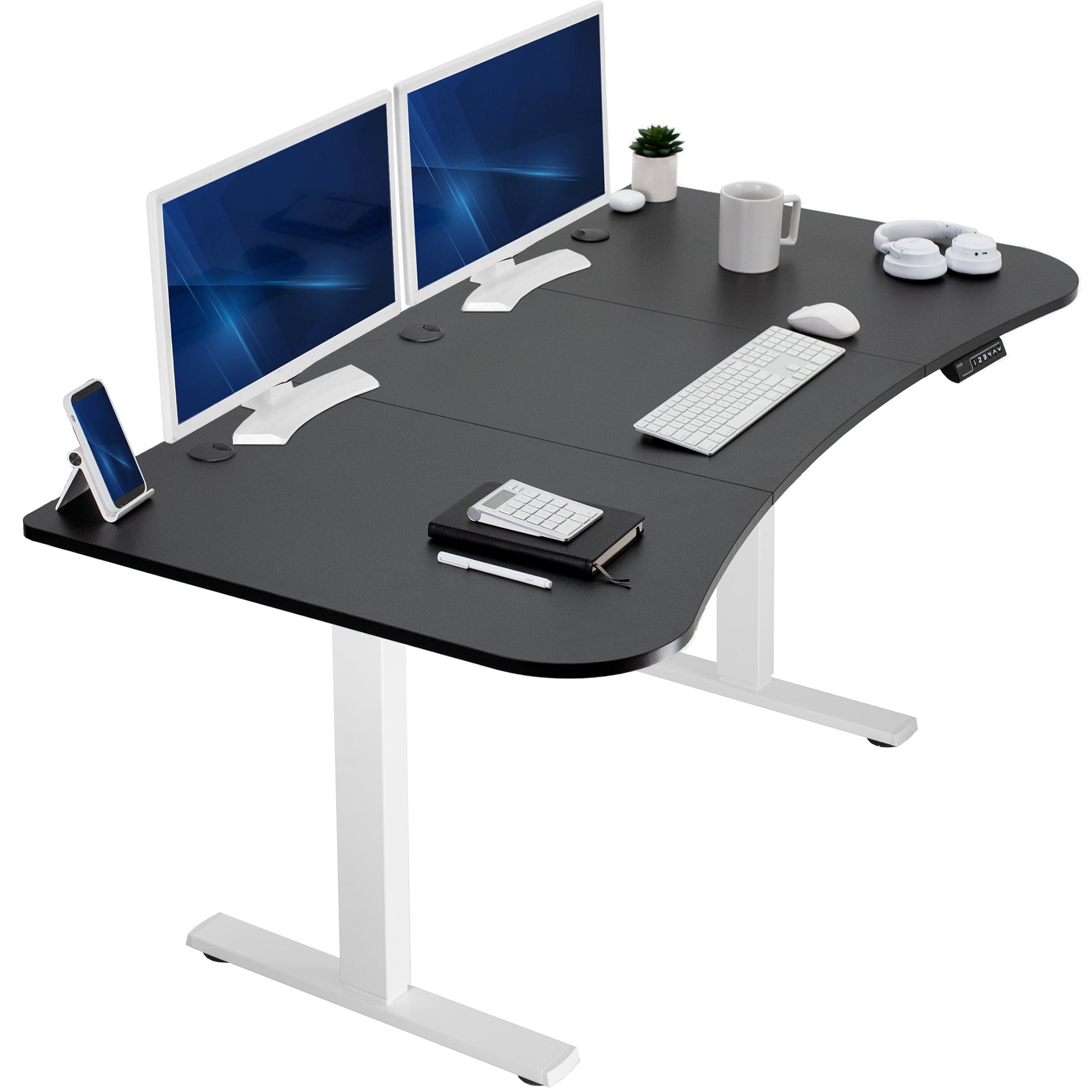 Black top white frame, electric, sit to stand, height adjustable desk.
