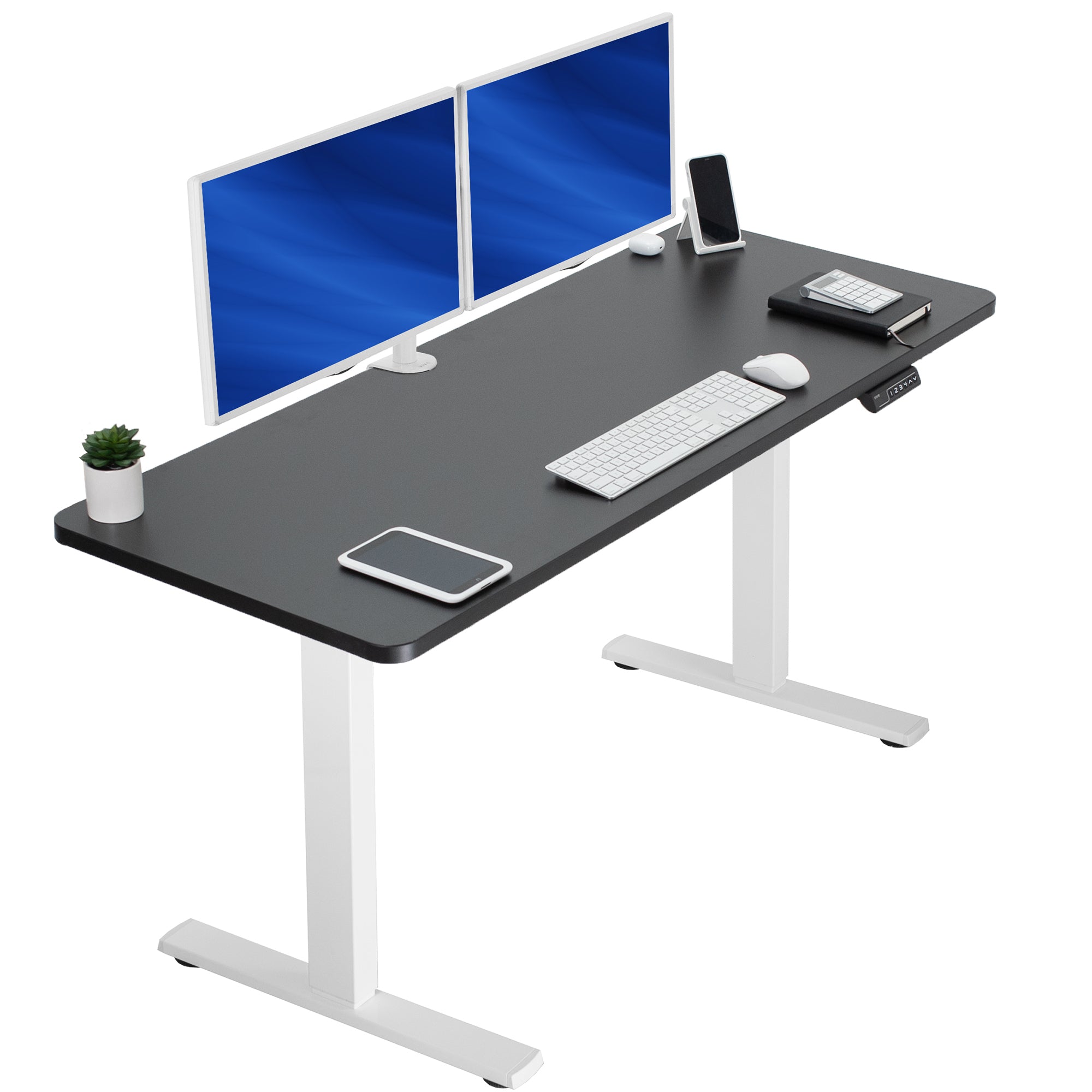 Sturdy ergonomic sit or stand active desk workstation with adjustable height using smart control panel.