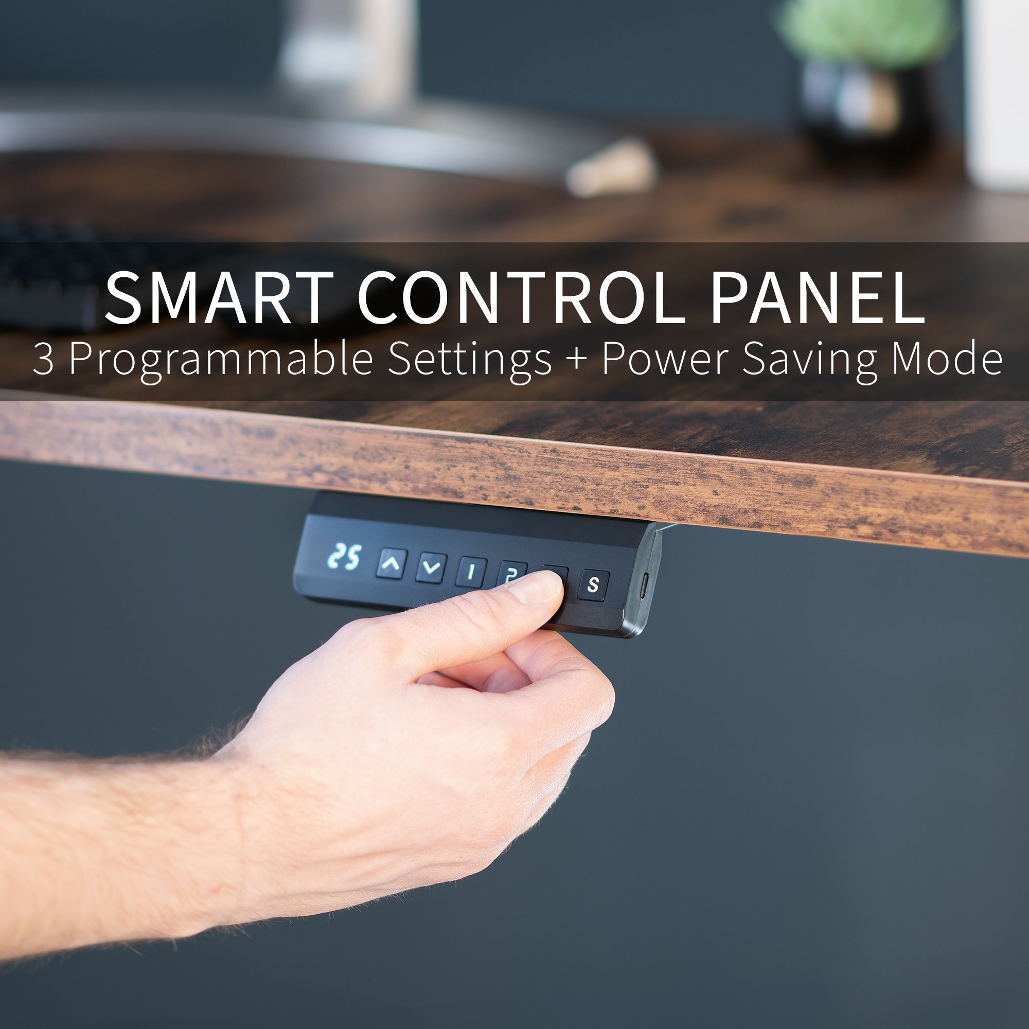 Smart control panel being held by a hand with text about programmable settings and power saving mode.