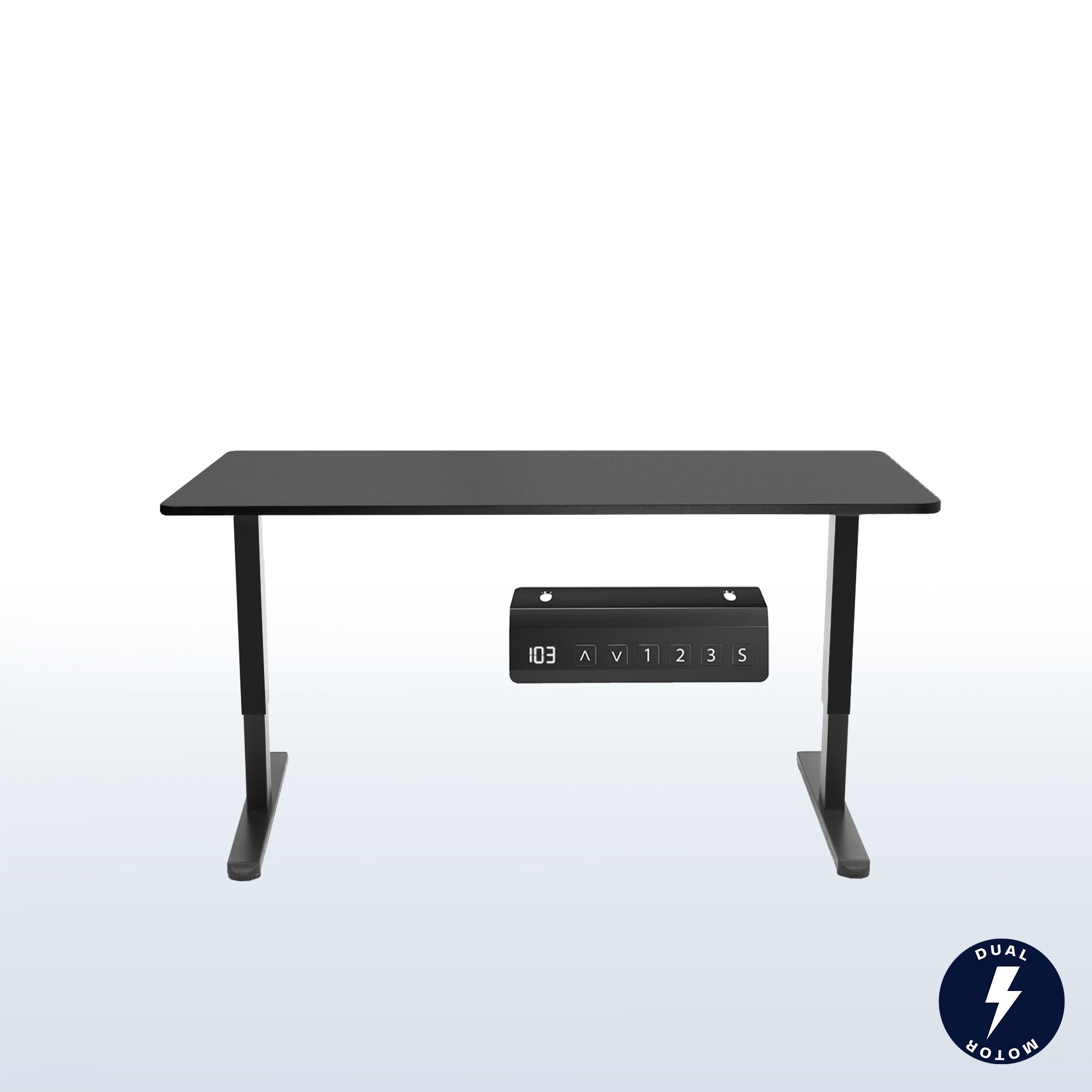 Black adjustable desk with two monitors, keyboard, and mouse on a white background