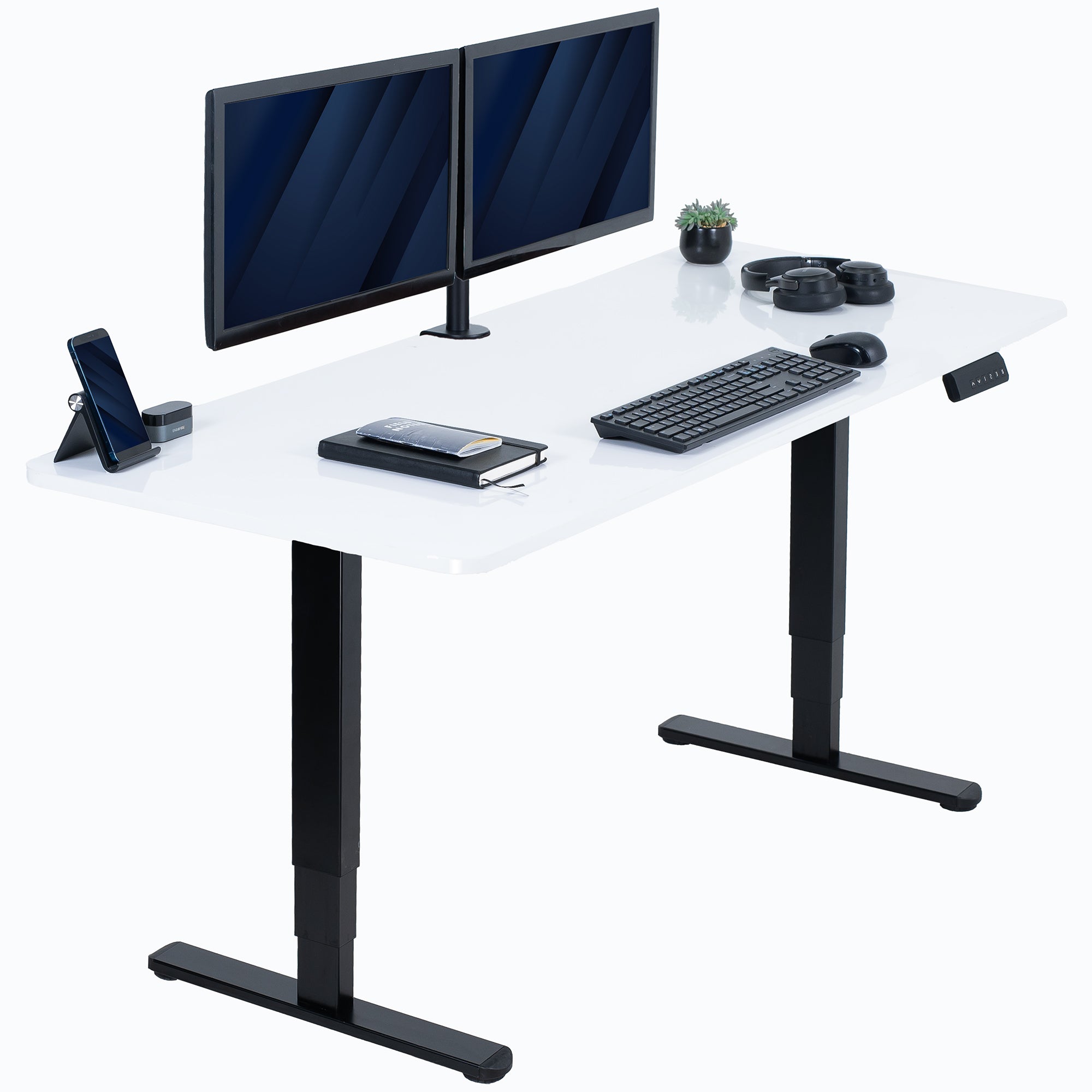 White desk with black legs, two monitors, keyboard, and office items on a white background