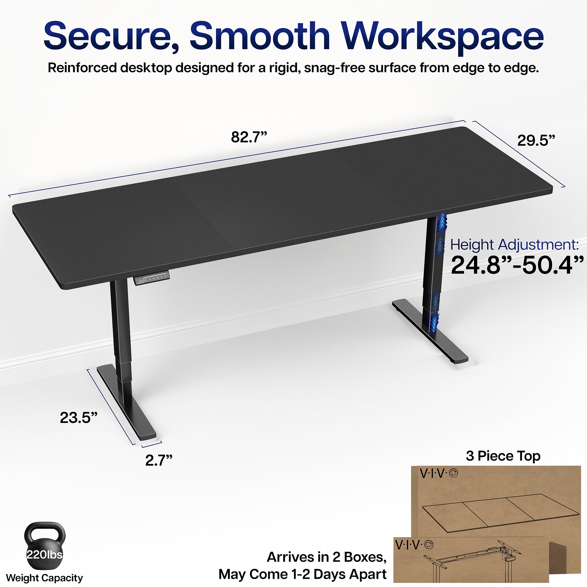 Measurement diagram for the 2E Series - 83" x 30" Electric Desk with Touch Screen Memory Controller