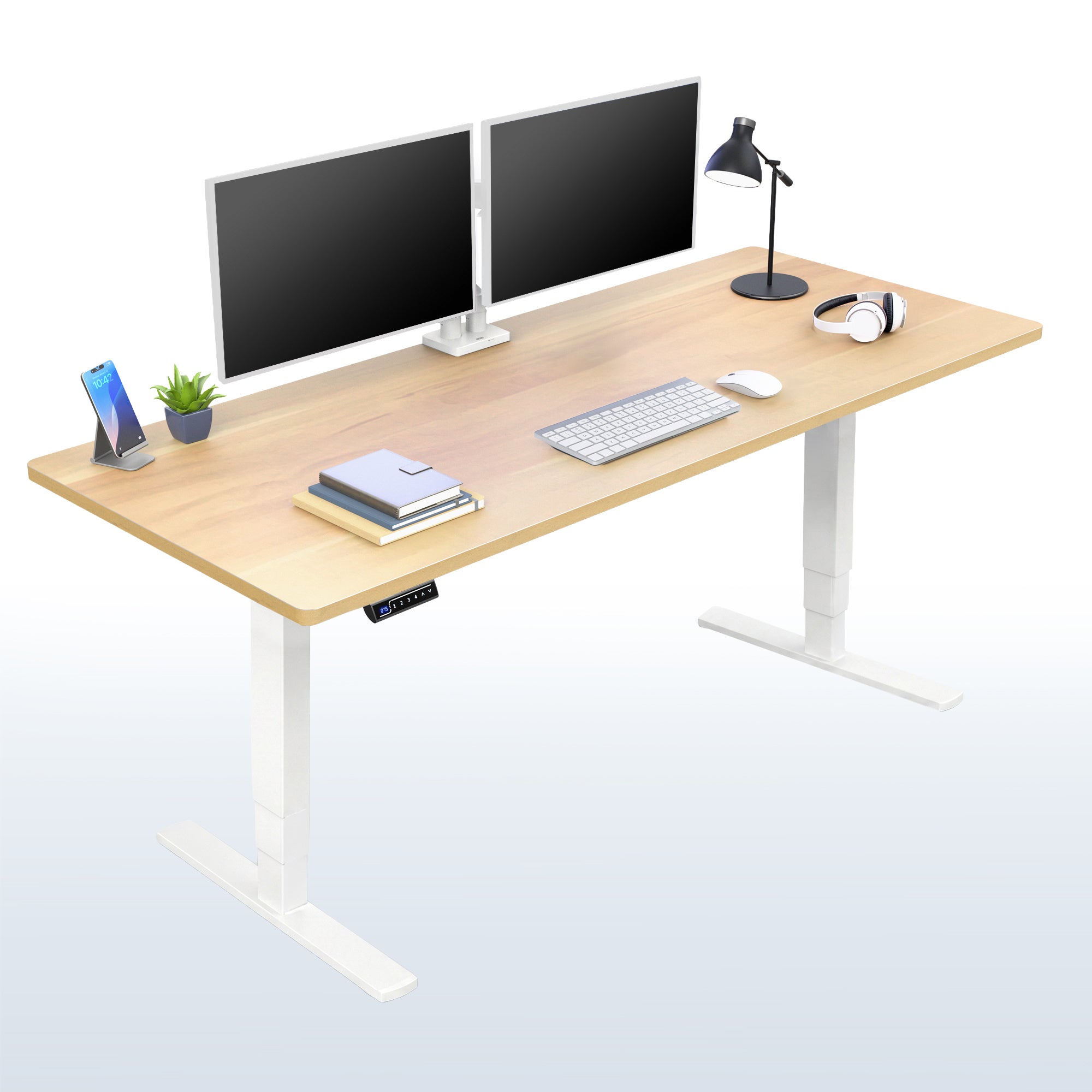Heavy-duty electric height adjustable desktop workstation for active sit or stand efficient workspace.