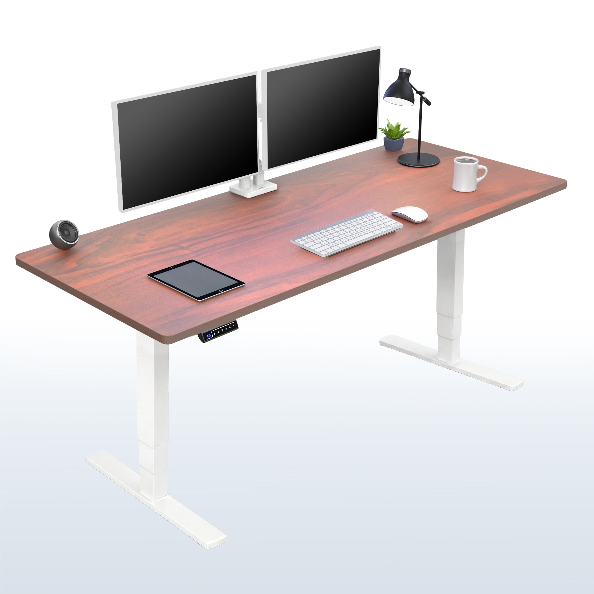 Heavy-duty electric height adjustable desktop workstation for active sit or stand efficient workspace.