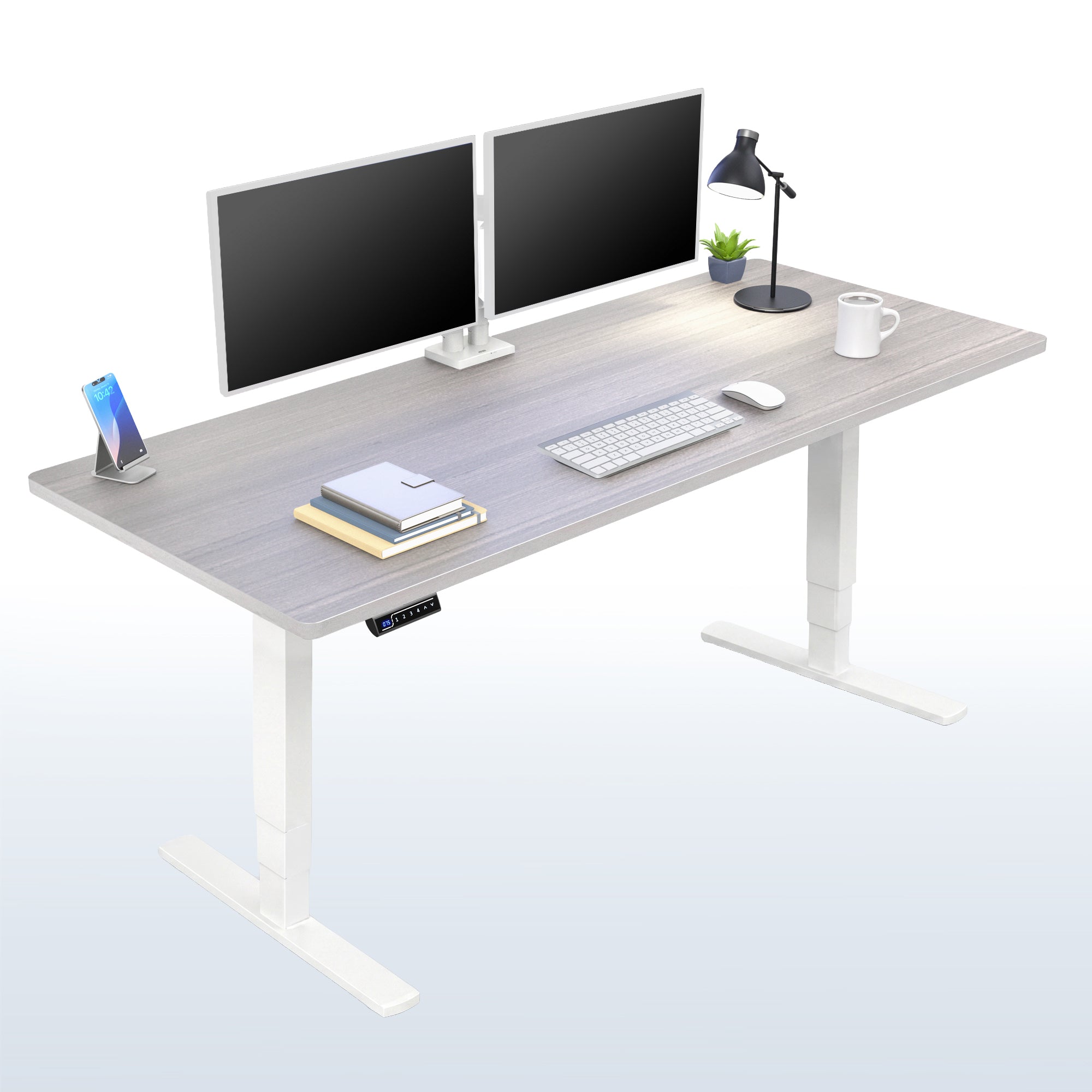 Heavy-duty electric height adjustable desktop workstation for active sit or stand efficient workspace.