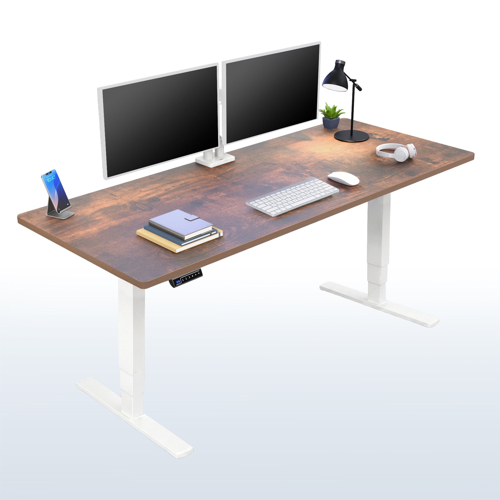 Heavy-duty electric height adjustable desktop workstation for active sit or stand efficient workspace.