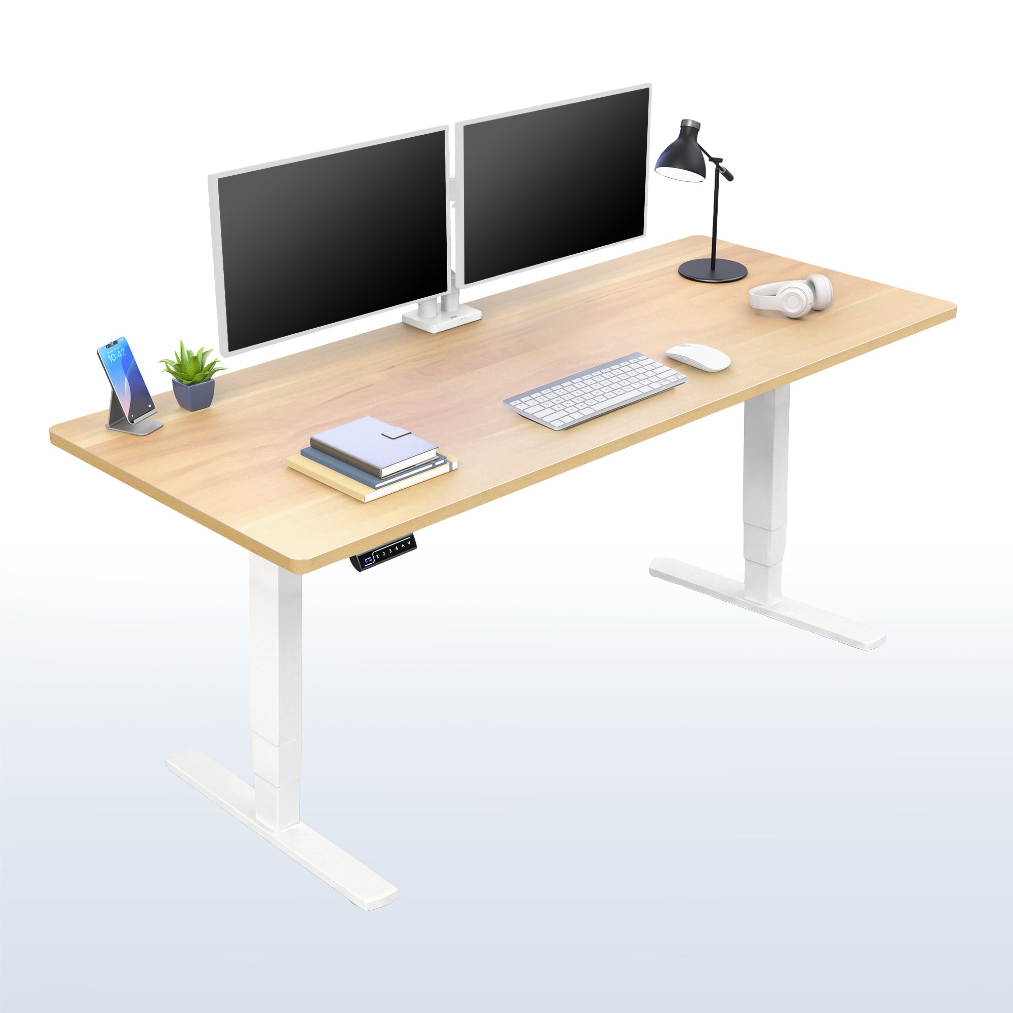 Heavy-duty electric height adjustable desktop workstation for active sit or stand efficient workspace.