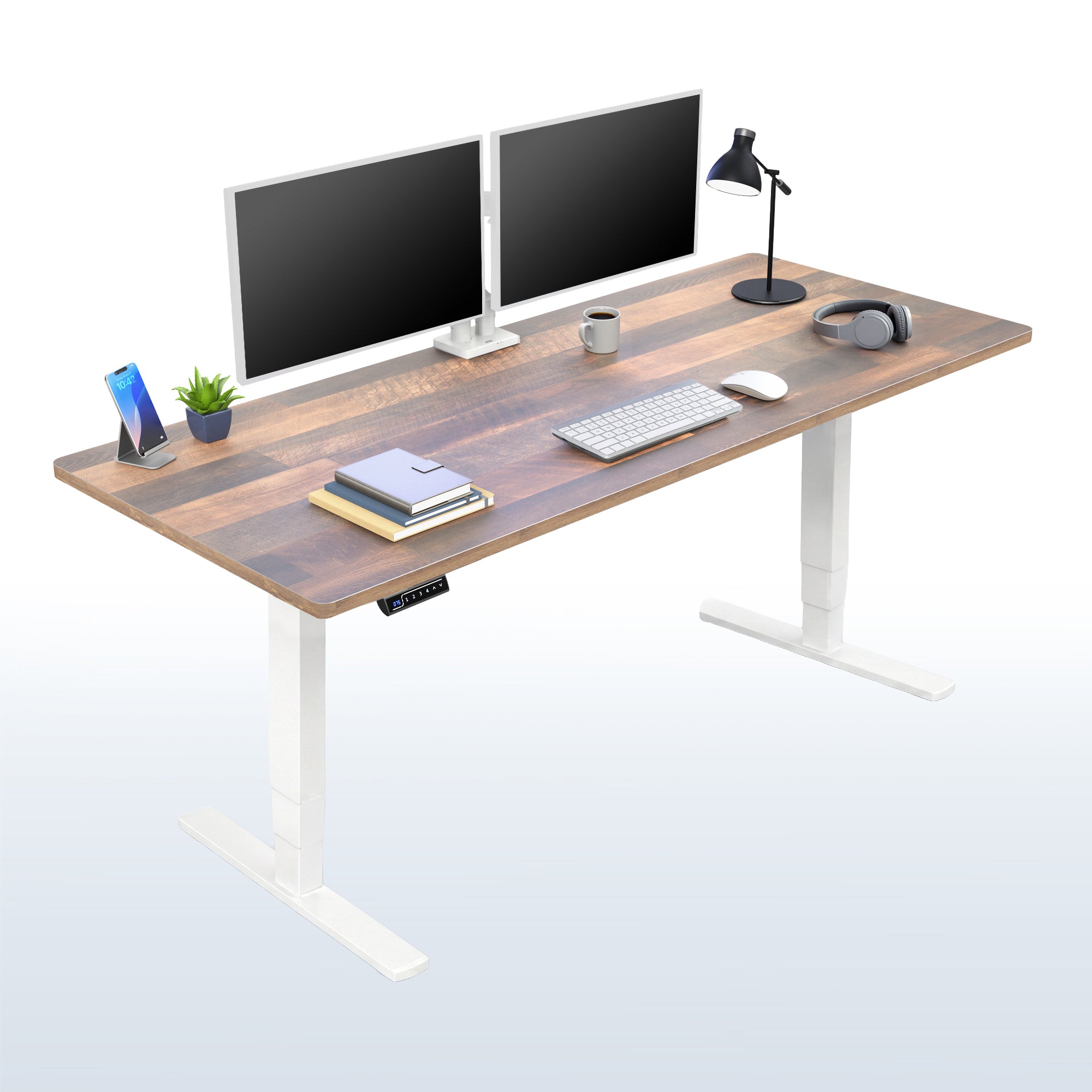 Heavy-duty electric height adjustable desktop workstation for active sit or stand efficient workspace.
