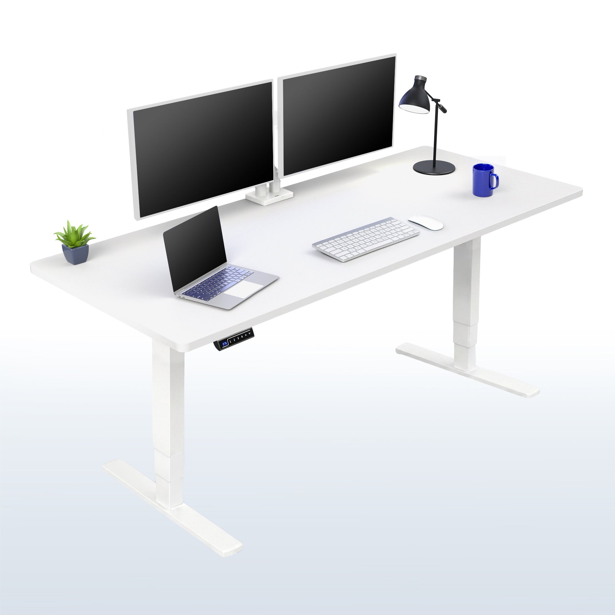 Heavy-duty electric height adjustable desktop workstation for active sit or stand efficient workspace.