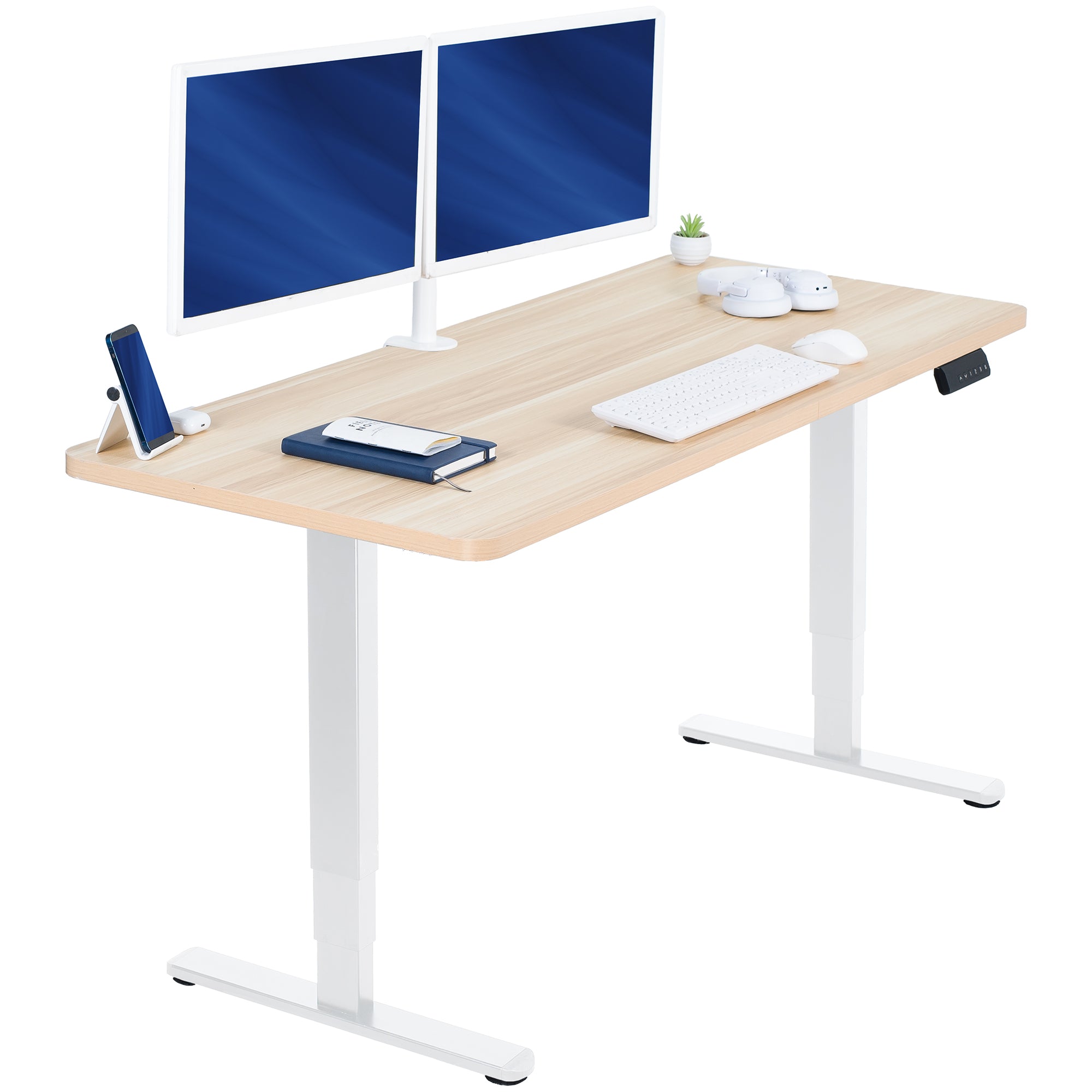 Wooden desk with white legs, two monitors, keyboard, and office items on a white background