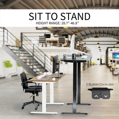 Sit to stand desk extended to standing level in an office space.