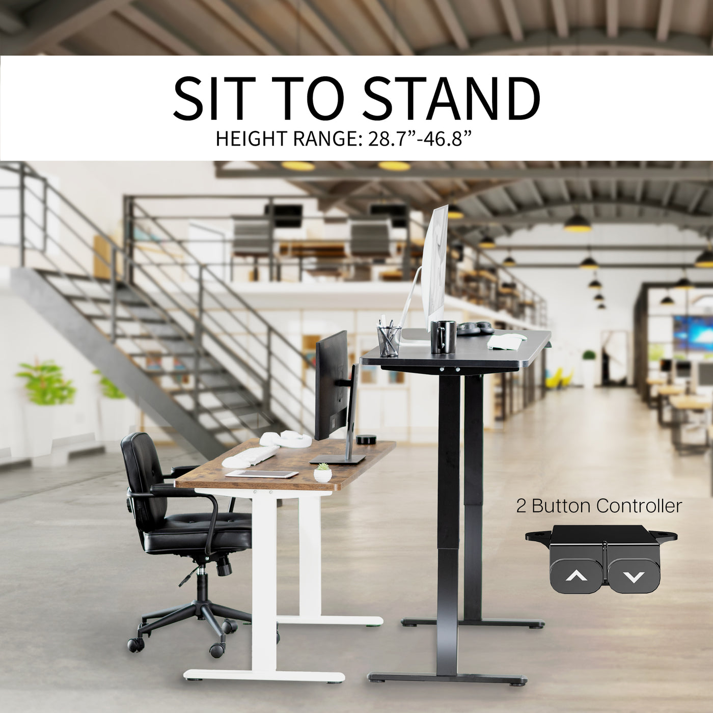 Heavy-duty electric height adjustable desktop workstation for active sit or stand efficient workspace with 2 button easy control panel.