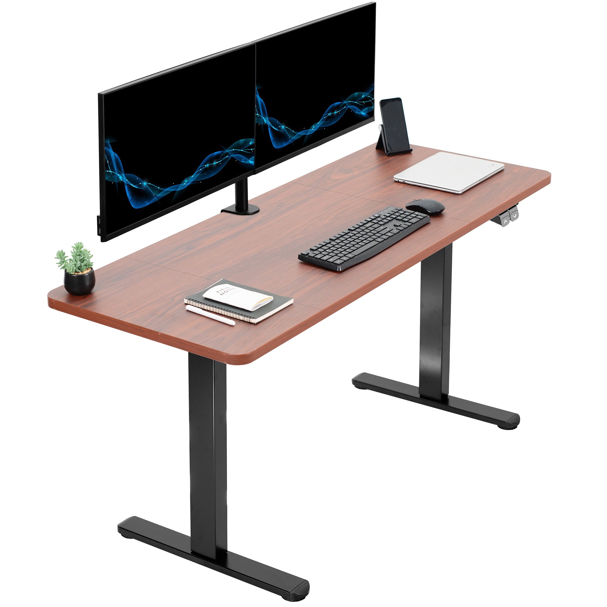 Dark Walnut desk with black metal legs, two monitors, keyboard, and mouse on a white background