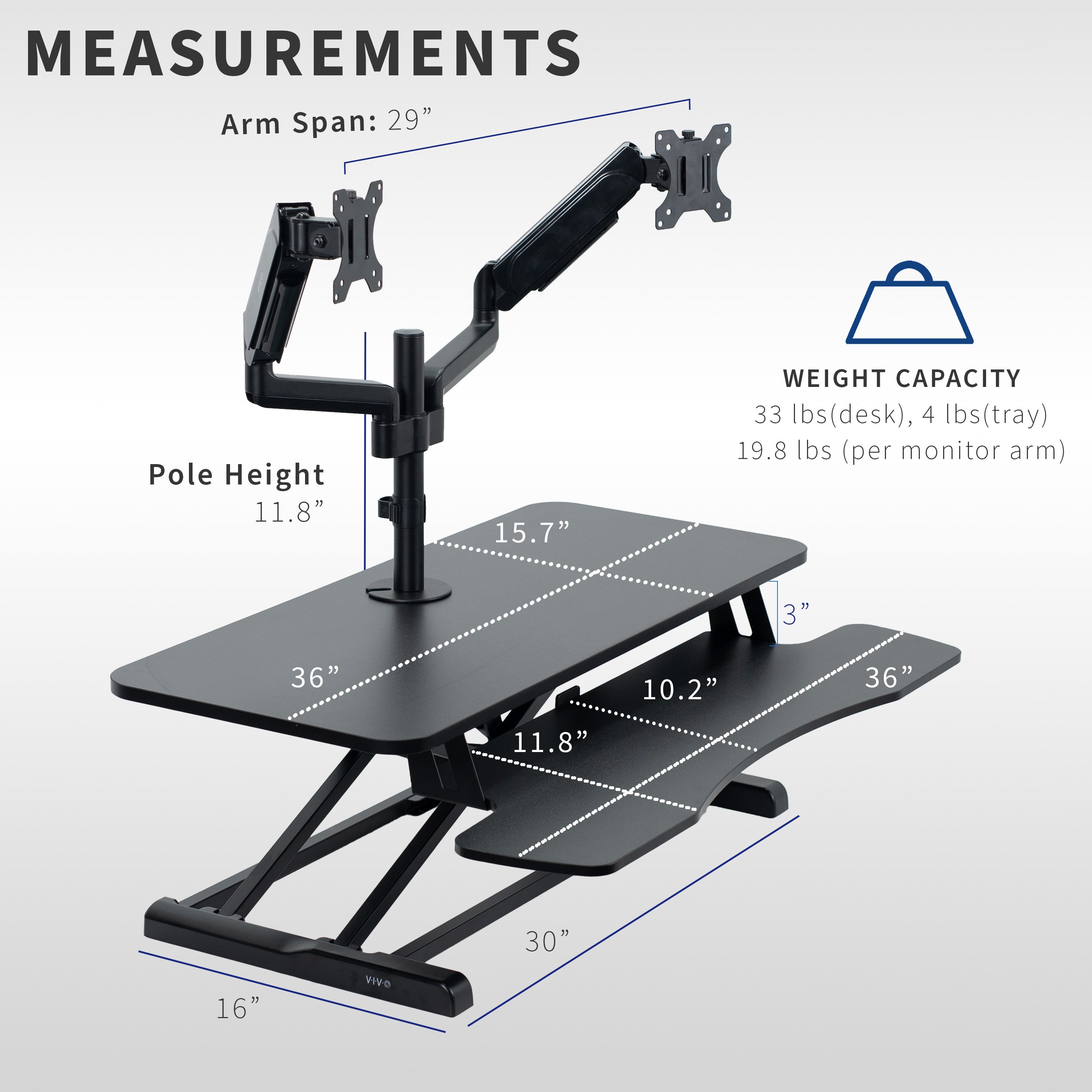 36 inch height adjustable desk riser with articulating mechanical dual monitor mount.