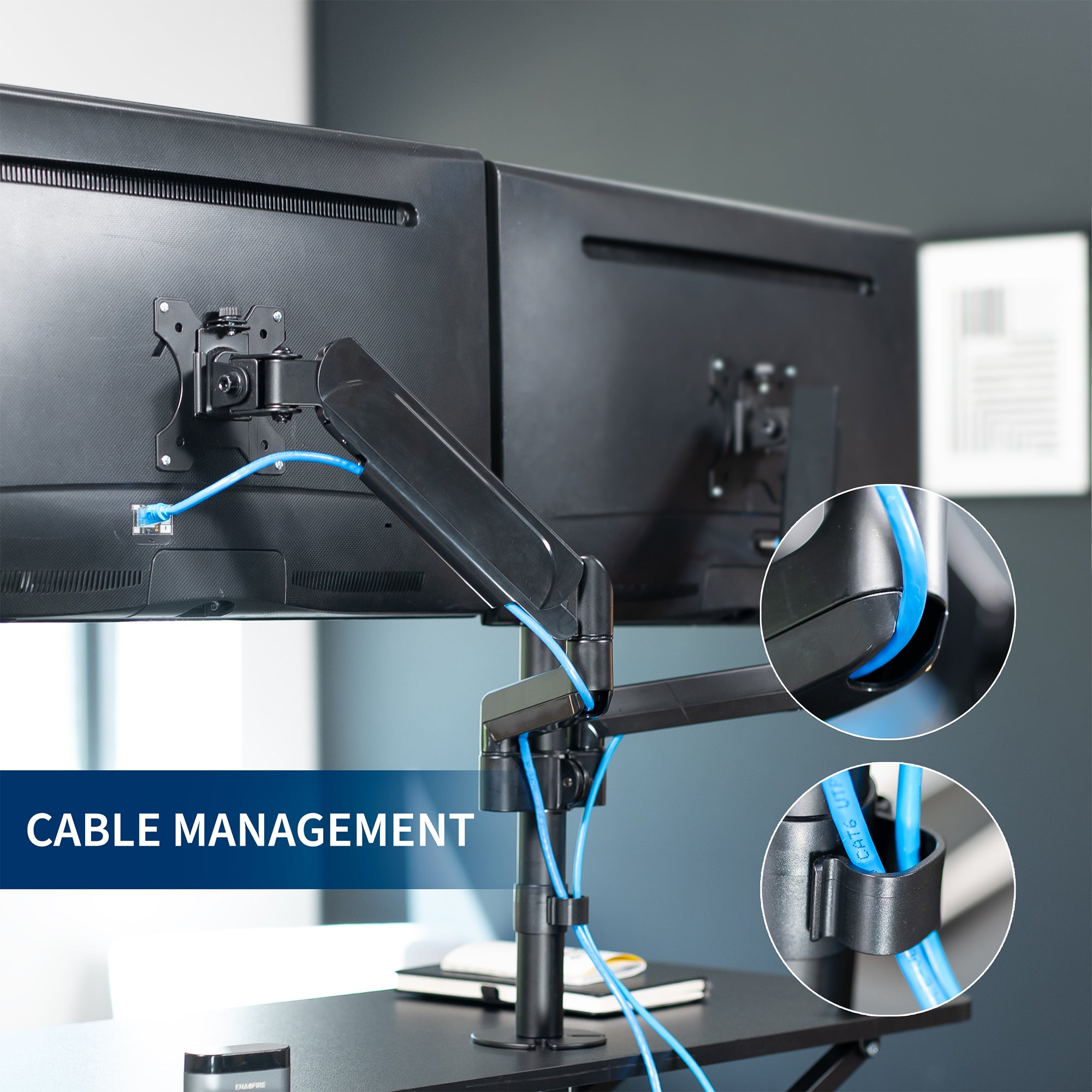36 inch height adjustable desk riser with articulating mechanical dual monitor mount.