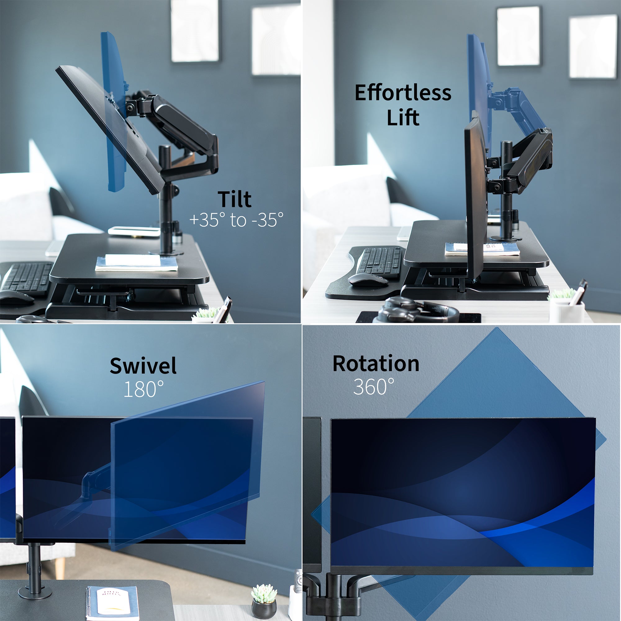 42 inch height adjustable desk riser with articulating mechanical dual monitor mount.