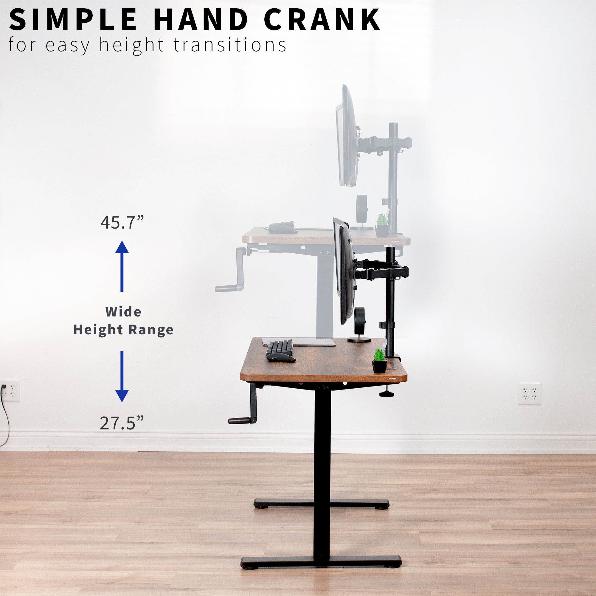 Compact steel desk frame with brown desktop and a dual monitor mount.