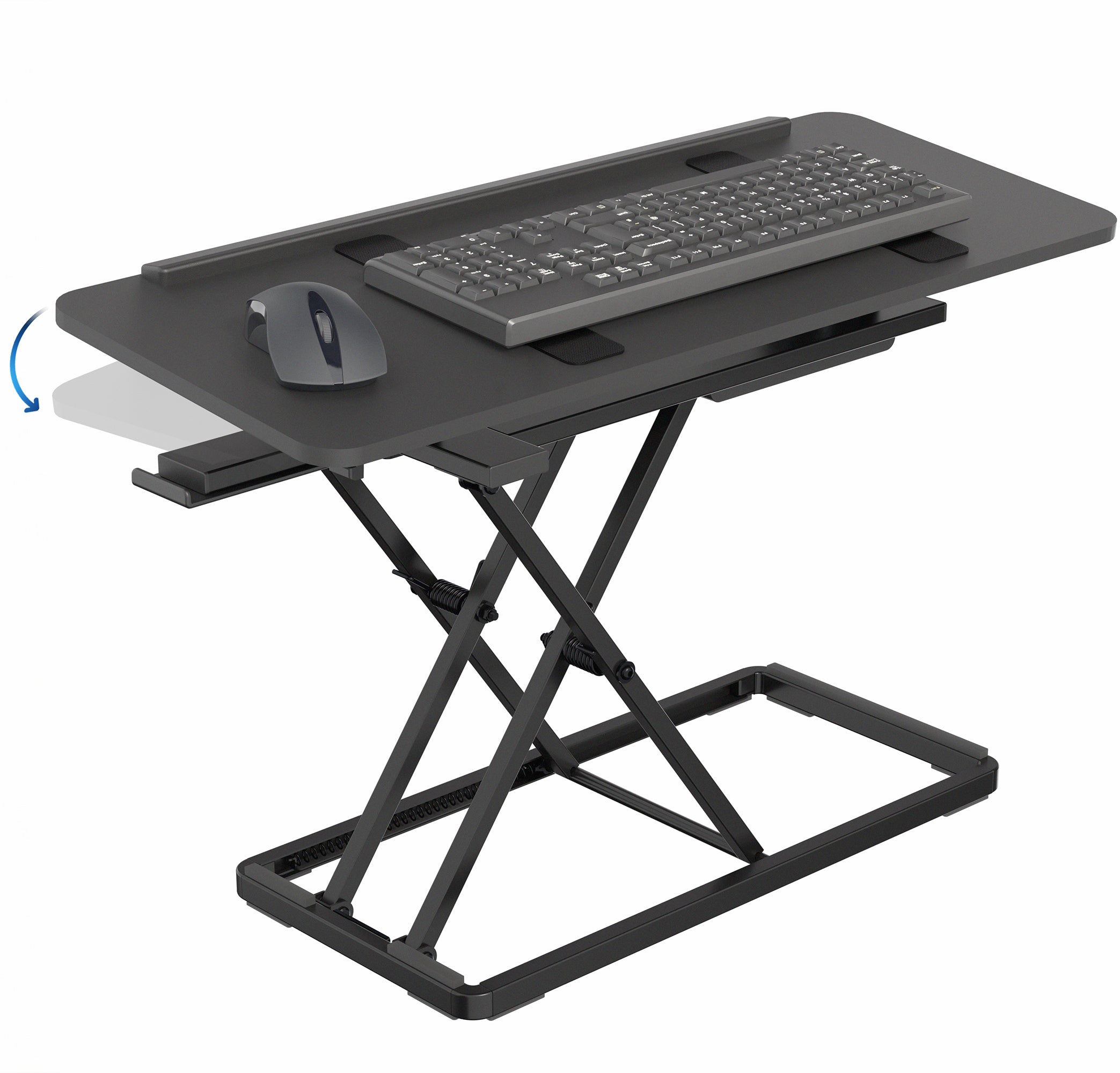 A black tilting keyboard riser with a mouse on top and the ability to adjust the angle of the keyboard surface.